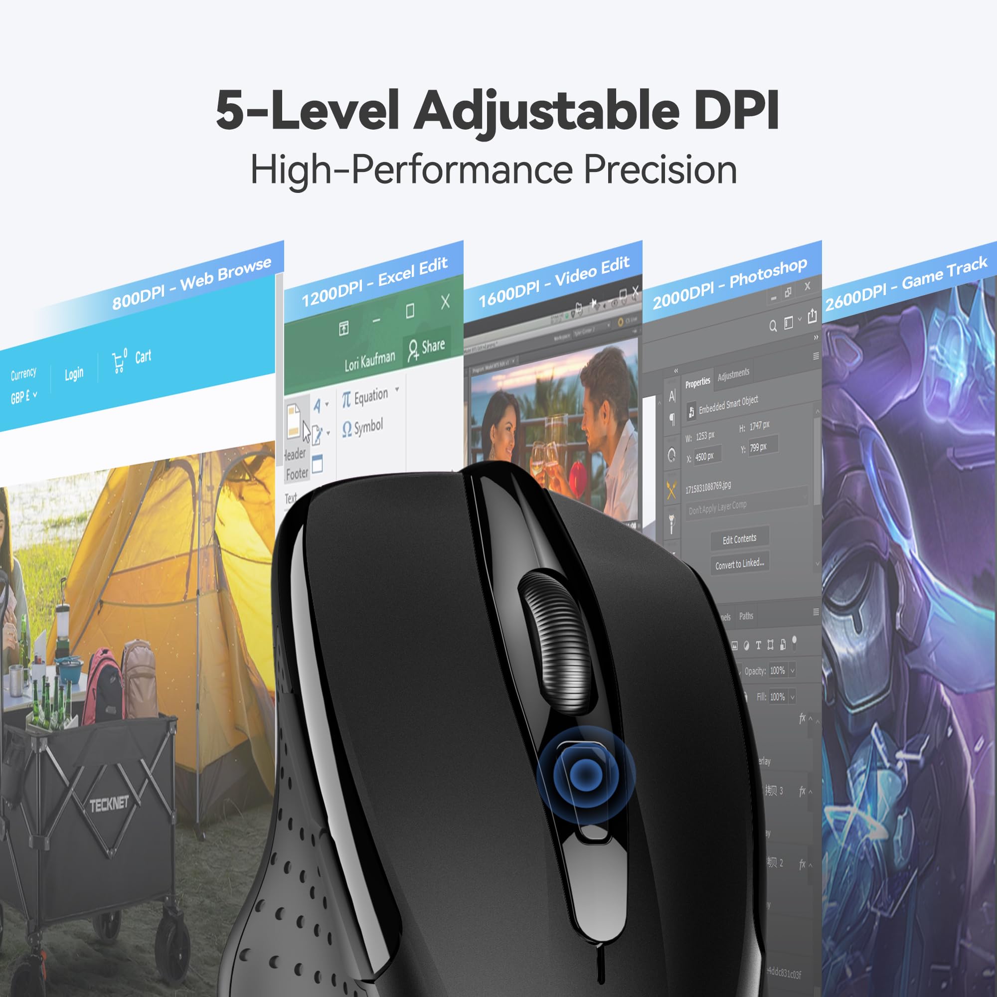 TECKNET 2.4G Ergonomic Wireless Mouse - 6 Buttons, 2600 DPI, 5 Adjustable Levels, 24 Months Battery Life, Ideal for Laptop, PC, Chromebook, Notebook, Home & Office Use