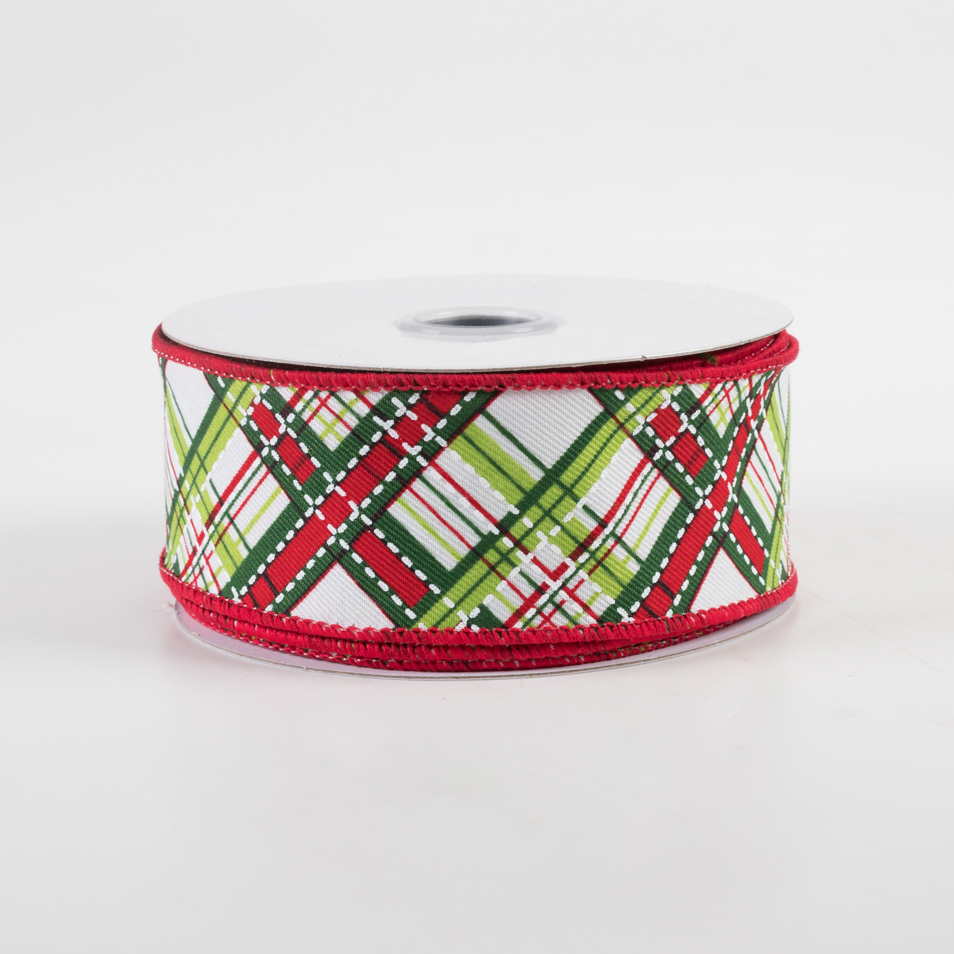 1.5 Inch Diagonal Dash Plaid Ribbon - 10 Yards Bulk Roll for Gift Wrapping, Crafts & DIY Projects (White, Lime, Emerald, Red) - Perfect for Christmas Decorations, Party Favors & Scrapbooking