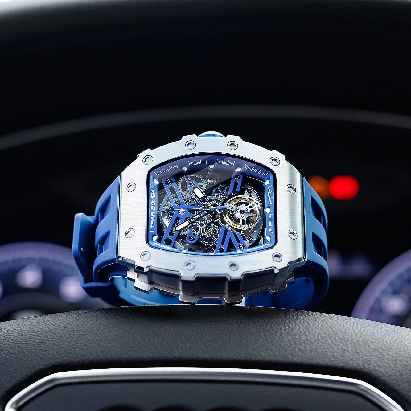 TSAR BOMBA Men's Luxury Automatic Watch - Japanese Mechanical Movement, 50M Waterproof, Stainless Steel Case & Sapphire Glass - Unique Big Face Tonneau Design - Perfect for Business, Formal Events & Fashion Gifts for Men
