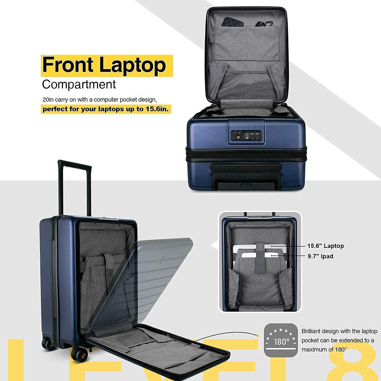 LEVEL8 Road Runner 20-Inch Carry-On Luggage with Front Pocket & 4-Piece Packing Cubes Set - Navy Blue Spinner Suitcase for Business Travel & Weekend Getaways