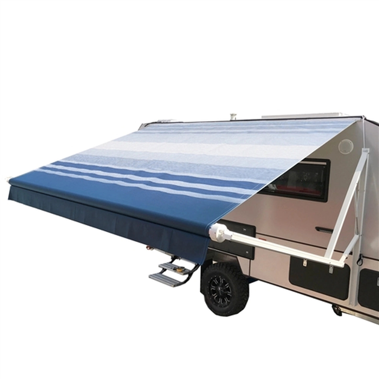 10 x 8 Feet Aleko Motorized Retractable RV Awning - Blue Striped Canopy for Camping & Outdoor Shade | Perfect for RVs, Trailers & Patio Use