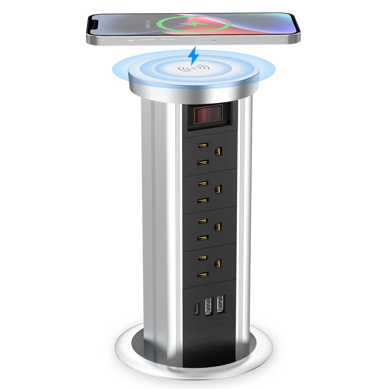 BTU Pop Up Outlet for Countertop - 4 AC Outlets & USB C Power Strip with 10W Wireless Charger | Recessed Power Socket for Kitchen, Conference Room & Office Workspace