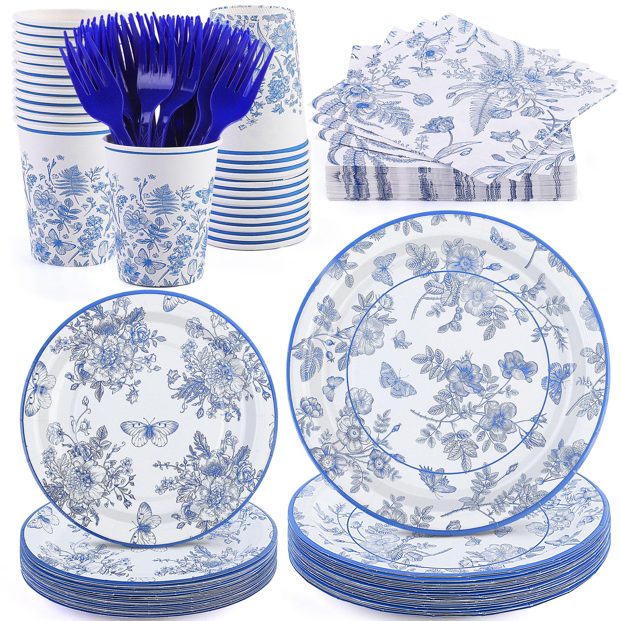 Durable 144-Piece Blue and White Floral Disposable Tableware Set - 9