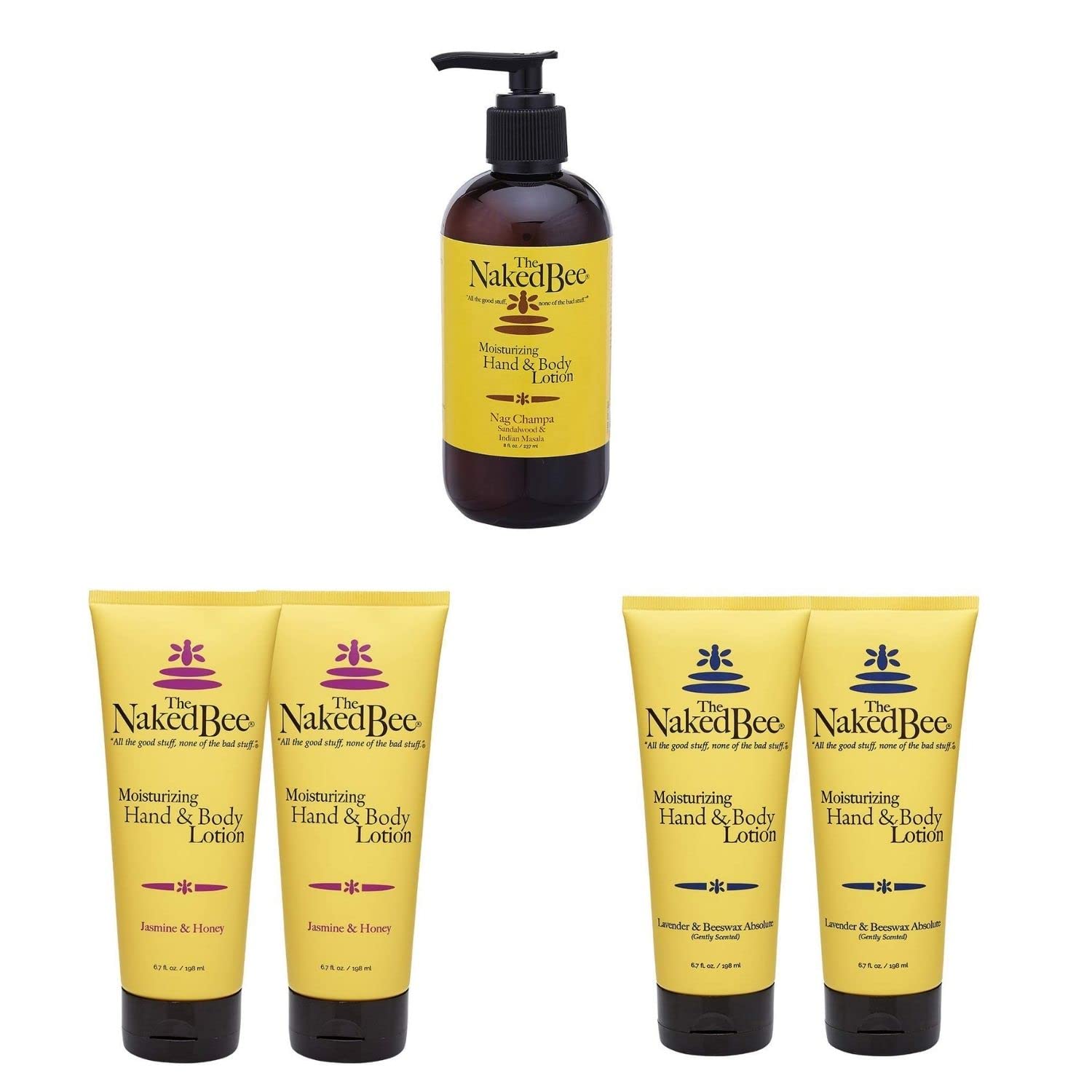 The Naked Bee Moisturizing Hand & Body Lotion Trio Set - Nag Champa Sandalwood, Lavender Beeswax & Jasmine Honey (8oz + 6.7oz) | Hydrating Natural Skincare for Dry Skin | Perfect for Daily Use, Spa Days & Gift Sets