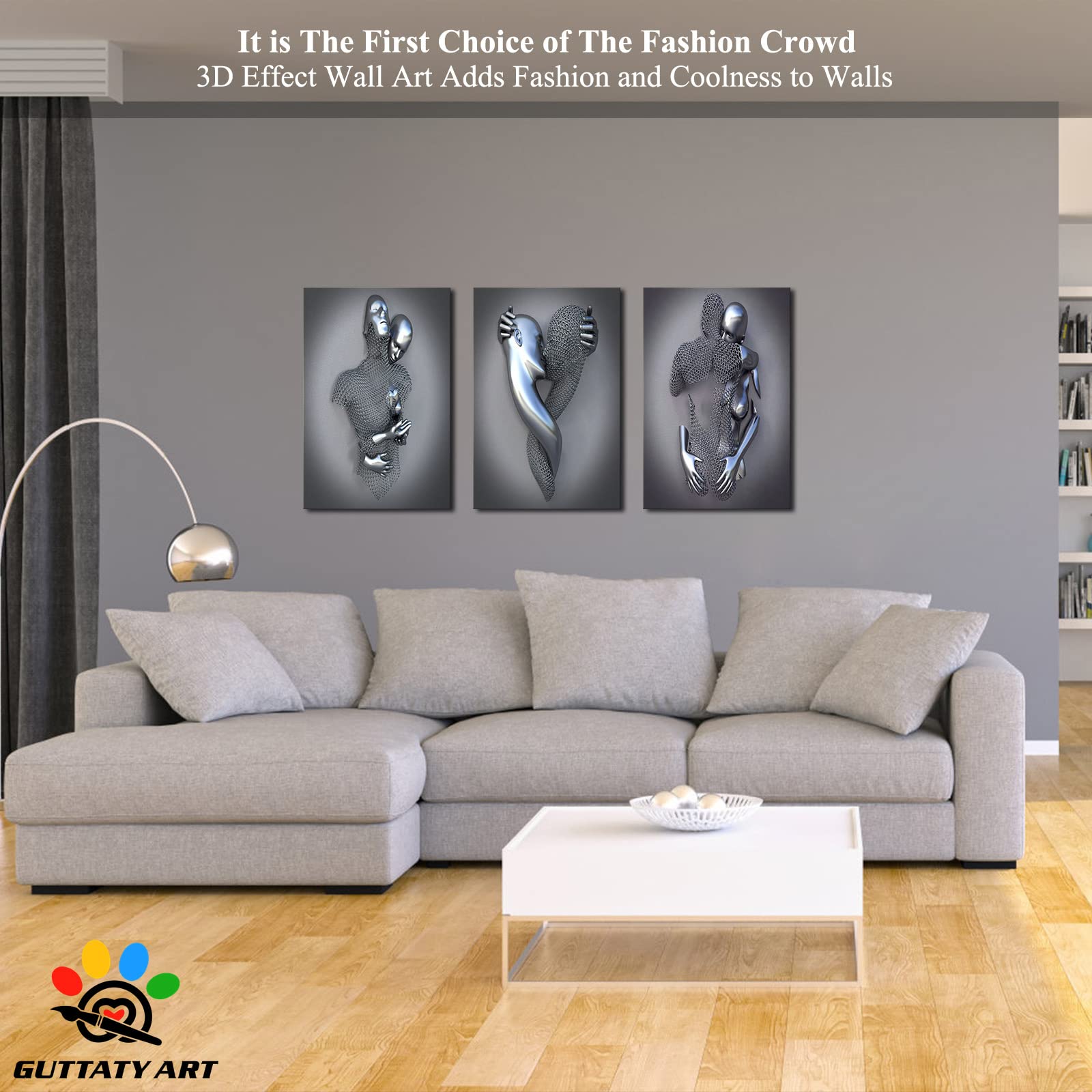 3D Metal Heart Wall Art Set - Gray & Silver Modern Canvas Decor for Living Room & Bedroom - Framed Love Artwork 20