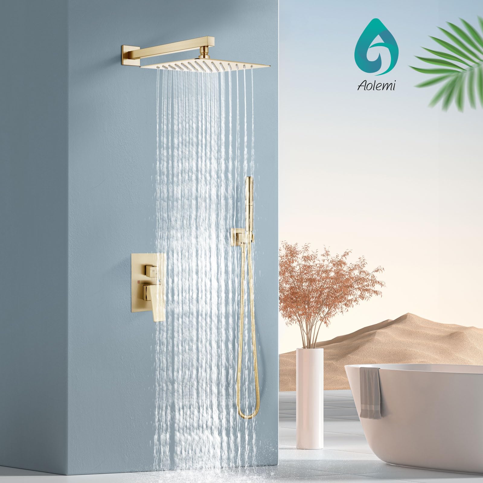 Aolemi 12 Inch Brushed Gold Shower System - High Pressure Rainfall Shower Head & Handheld Spray Combo with Wall Mount & 2-in-1 Rough-in Valve | Perfect for Luxury Bathroom Renovation & Spa-Like Shower Experience