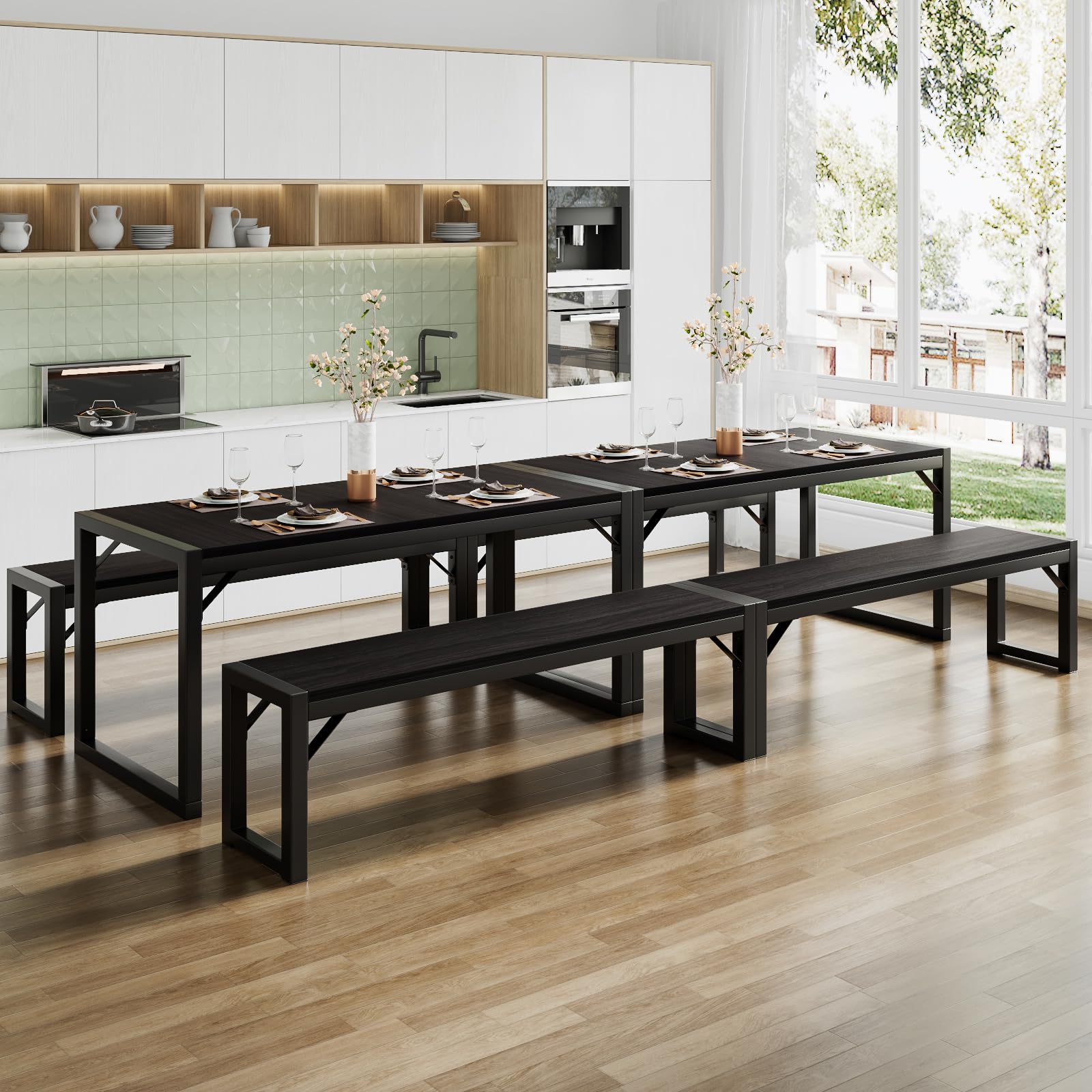 Rustic SHA CERLIN 4-Piece Kitchen Dining Table Set with Benches - Heavy Duty Metal Frame, Space-Saving Design for Small Kitchens & Apartments | Perfect for Breakfast Nooks, Cozy Dining & Compact Living Spaces