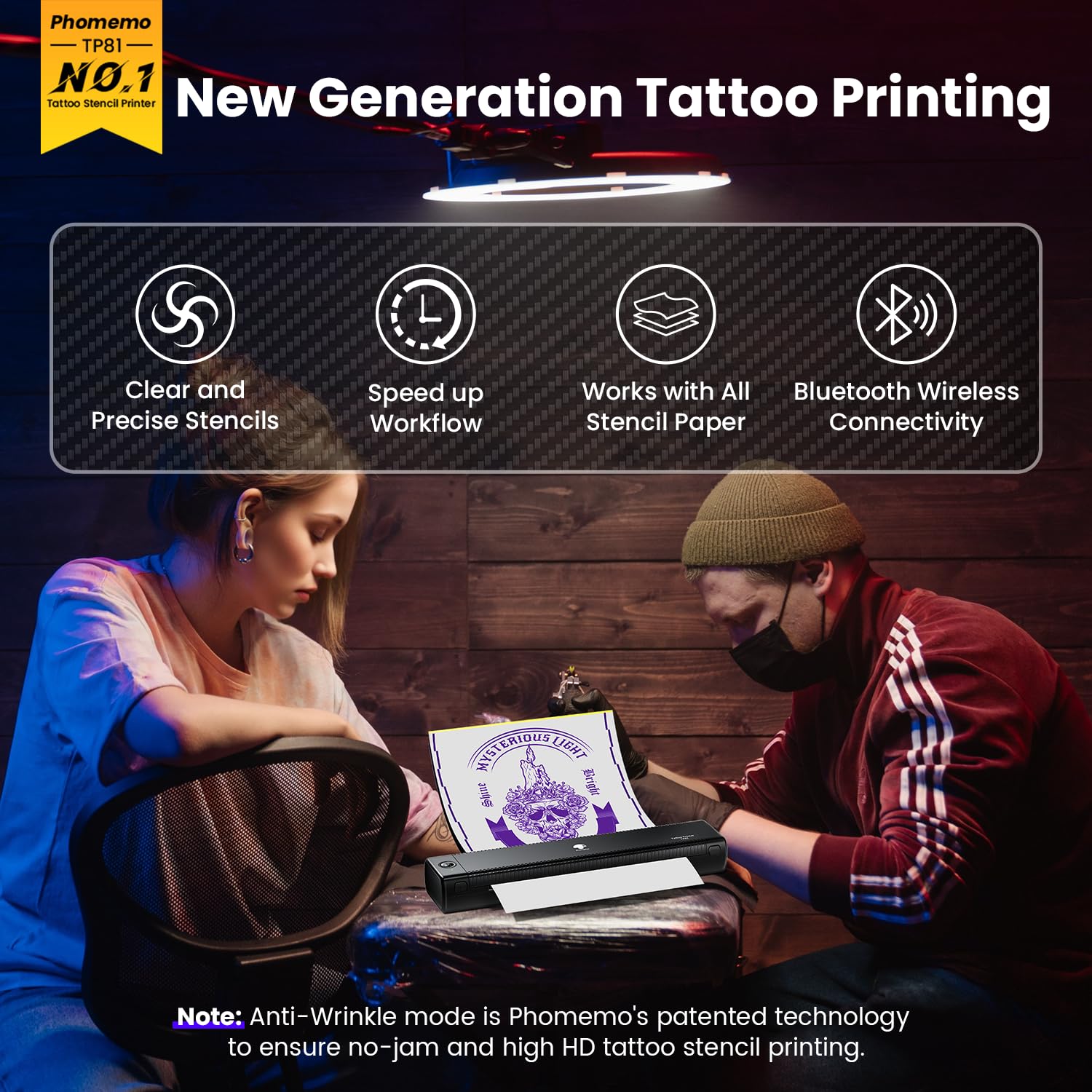 Phomemo TP81 Ultra Wireless Tattoo Stencil Printer - Professional Tattoo Machine Printer with 10 Transfer Papers | Compatible with iPad, iPhone, Android & PC | Perfect for Tattoo Artists & Beginners | Create Custom Designs at Home or Studio