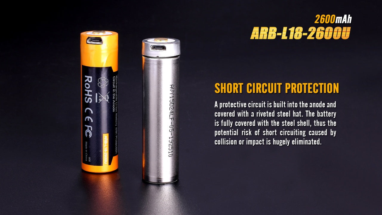 Fenix ARB-L18 2600mAh USB Rechargeable 18650 Lithium-ion Battery - Perfect for Flashlights, Headlamps & Outdoor Gear