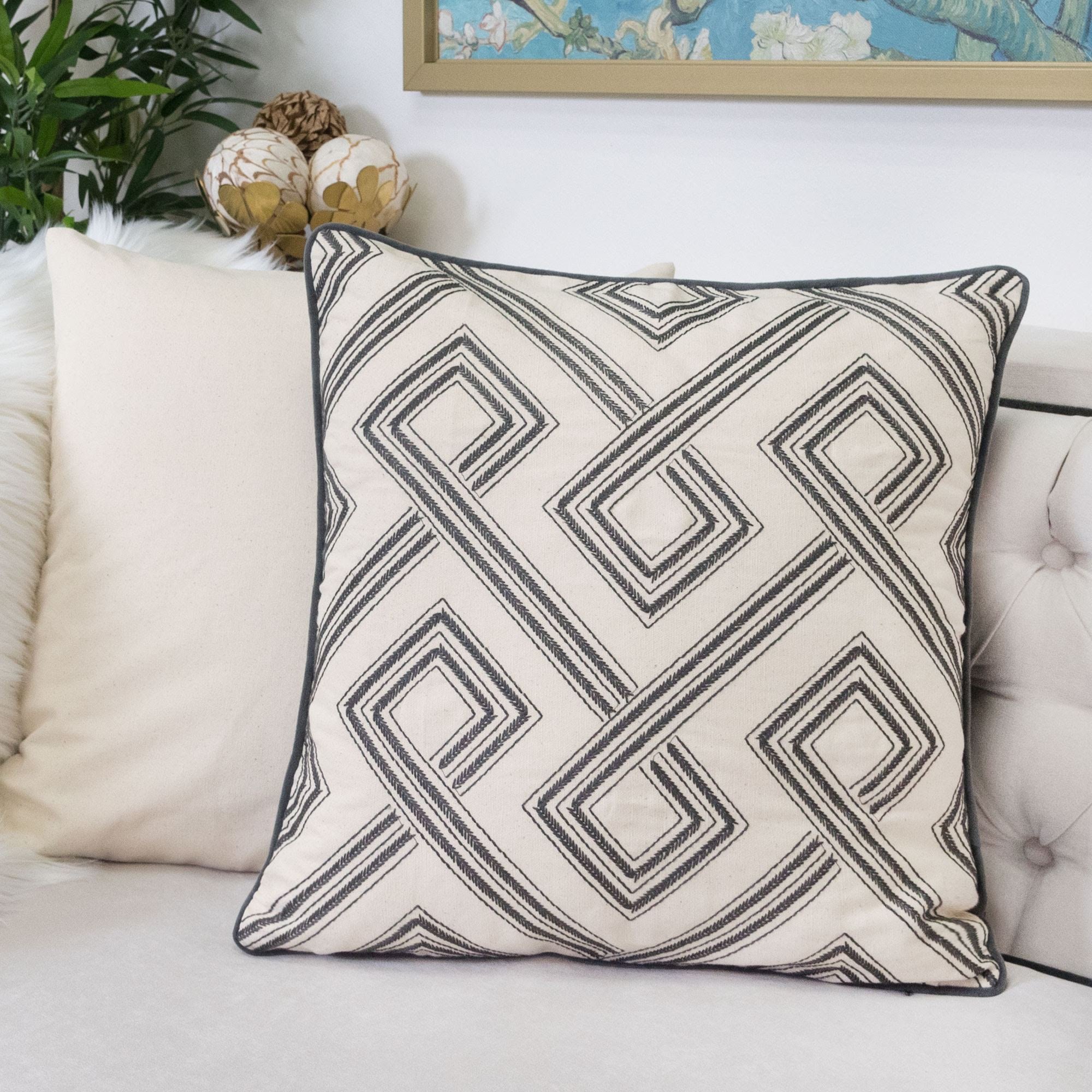 Cozy Diamond Loops Embroidery Throw Pillow Cover - 20x20 Inch Gray Cotton Canvas Sofa Couch Pillow Sham (Cover Only) - Perfect for Living Room Decor, Bedroom Accent & Home Styling