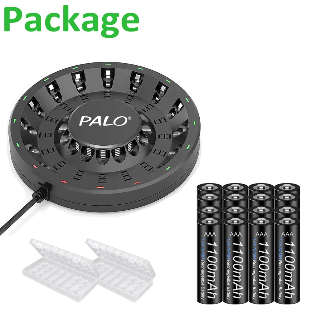 16 Pack Rechargeable AAA Batteries with Charger - 1100mAh Ni-MH Triple A Batteries & 16 Bay LED Charger for AA/AAA - Perfect for Toys, Cameras, Flashlights & Electronics
