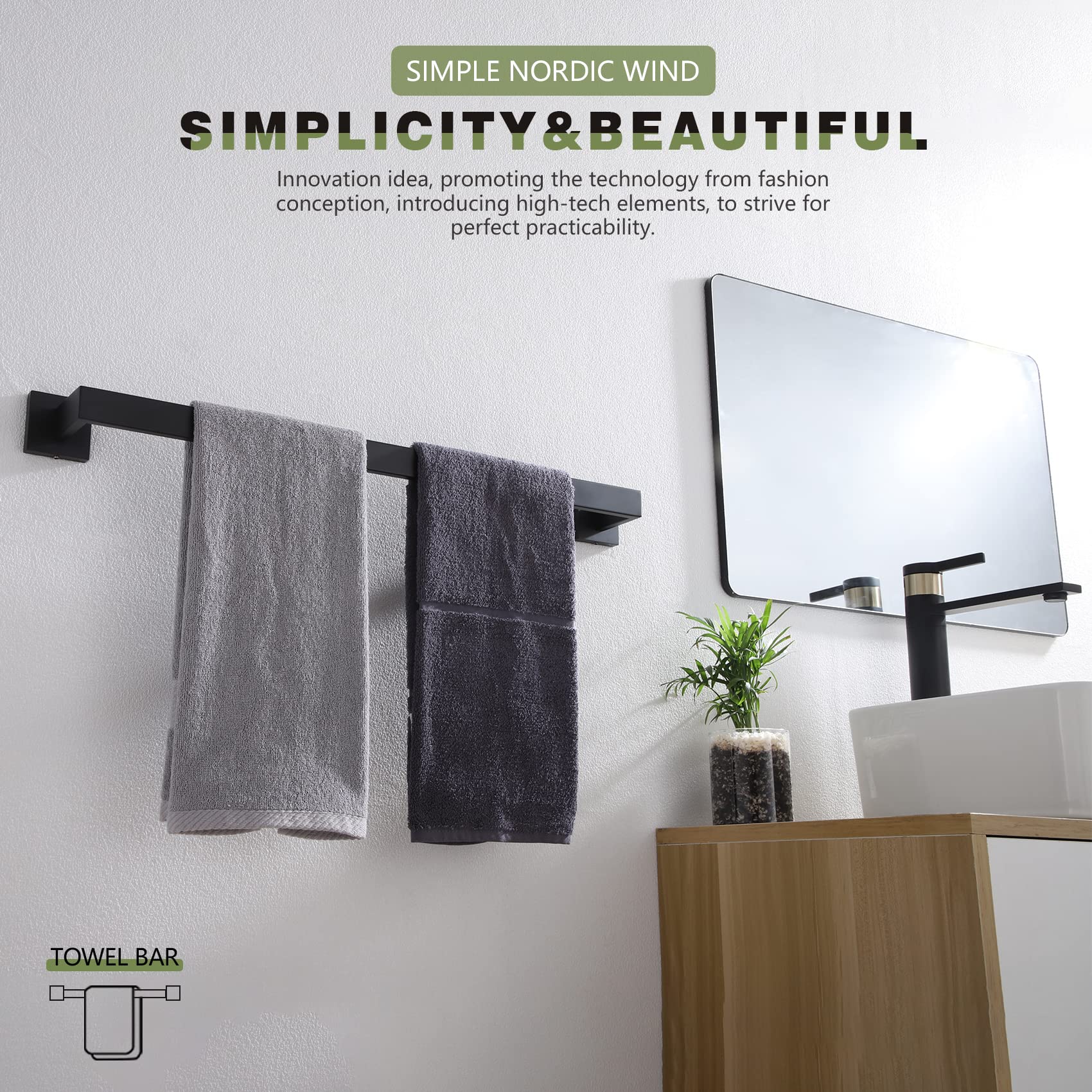 KOKOSIRI 20-Inch Single Towel Bar - Stainless Steel Bathroom Towel Holder & Wall Mounted Coat Hook - Matte Black SUS 304 for Bathroom, Kitchen, or Entryway Organization
