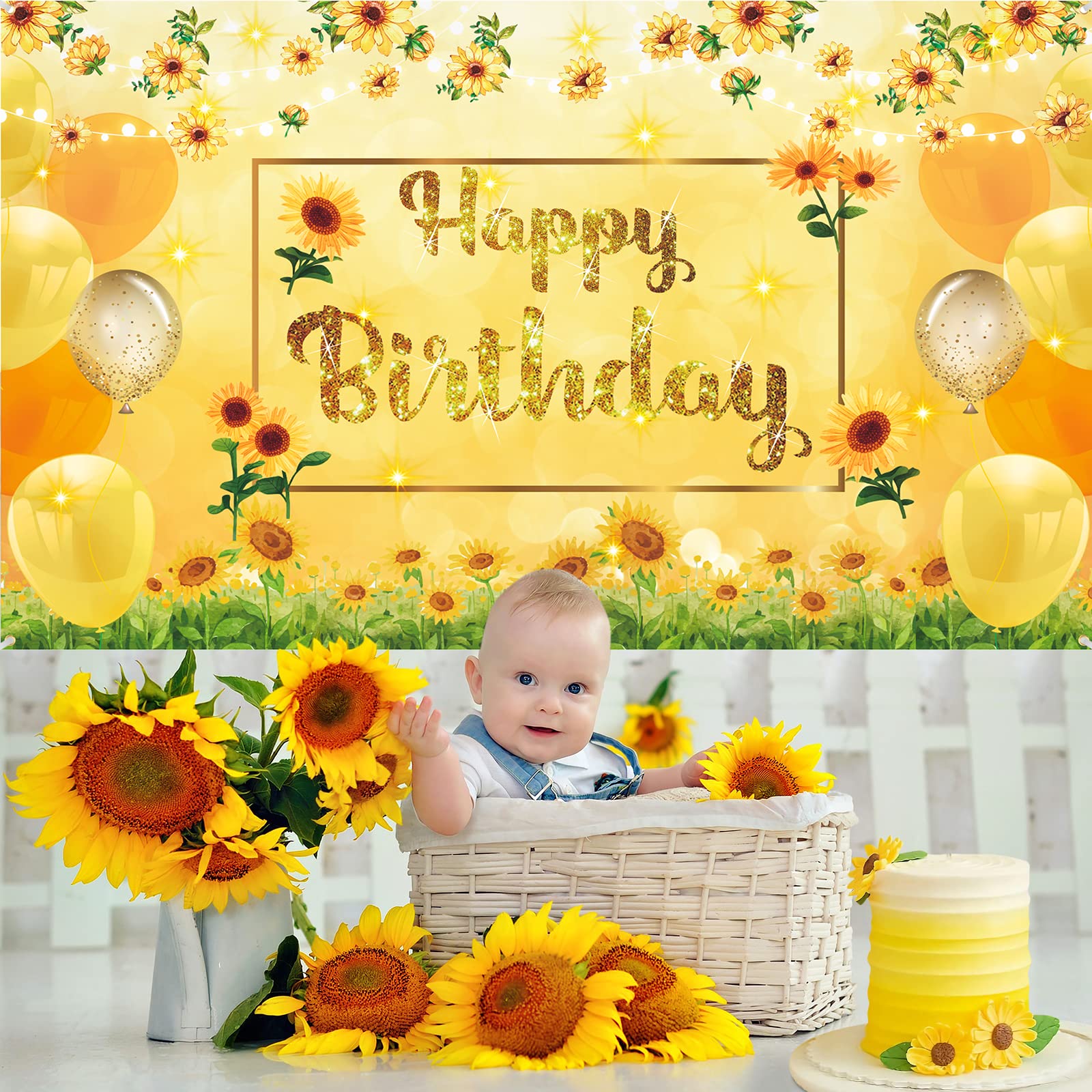 Sunflower Happy Birthday Banner - Large Yellow Sunflower Party Decorations for Birthday, Baby Shower, Wedding Backdrop - Perfect for Women, Men, Boys & Girls Celebrations