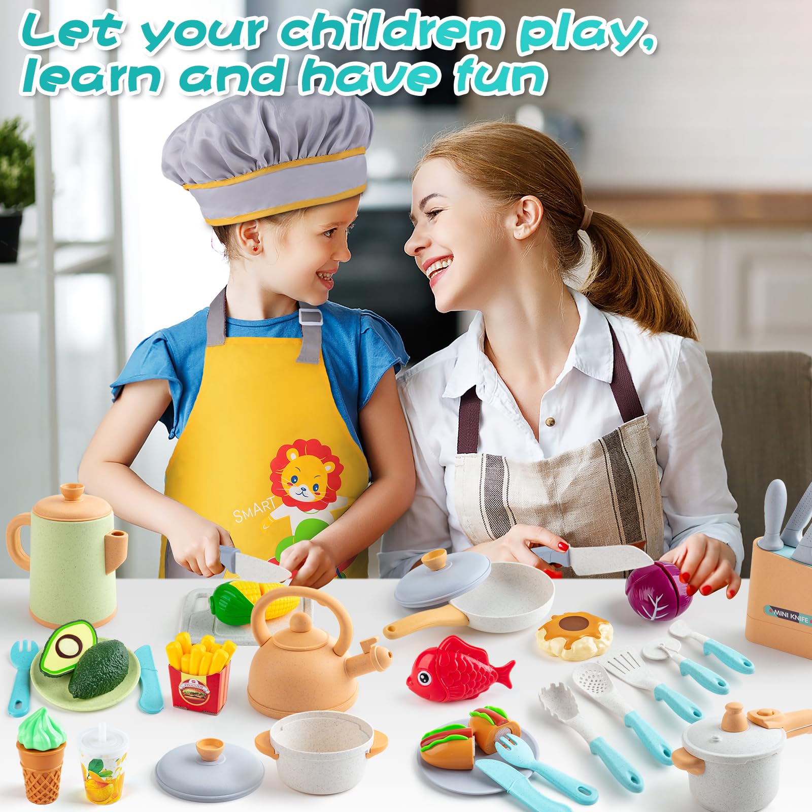 Sundaymot Kids Play Kitchen Accessories Set - Pretend Cooking Toys with Pots, Pans, Apron & Dishes | Educational Learning Toys for Toddlers & Preschoolers | Perfect Birthday Gift for Boys & Girls | Great for Role Play & Early Childhood Development