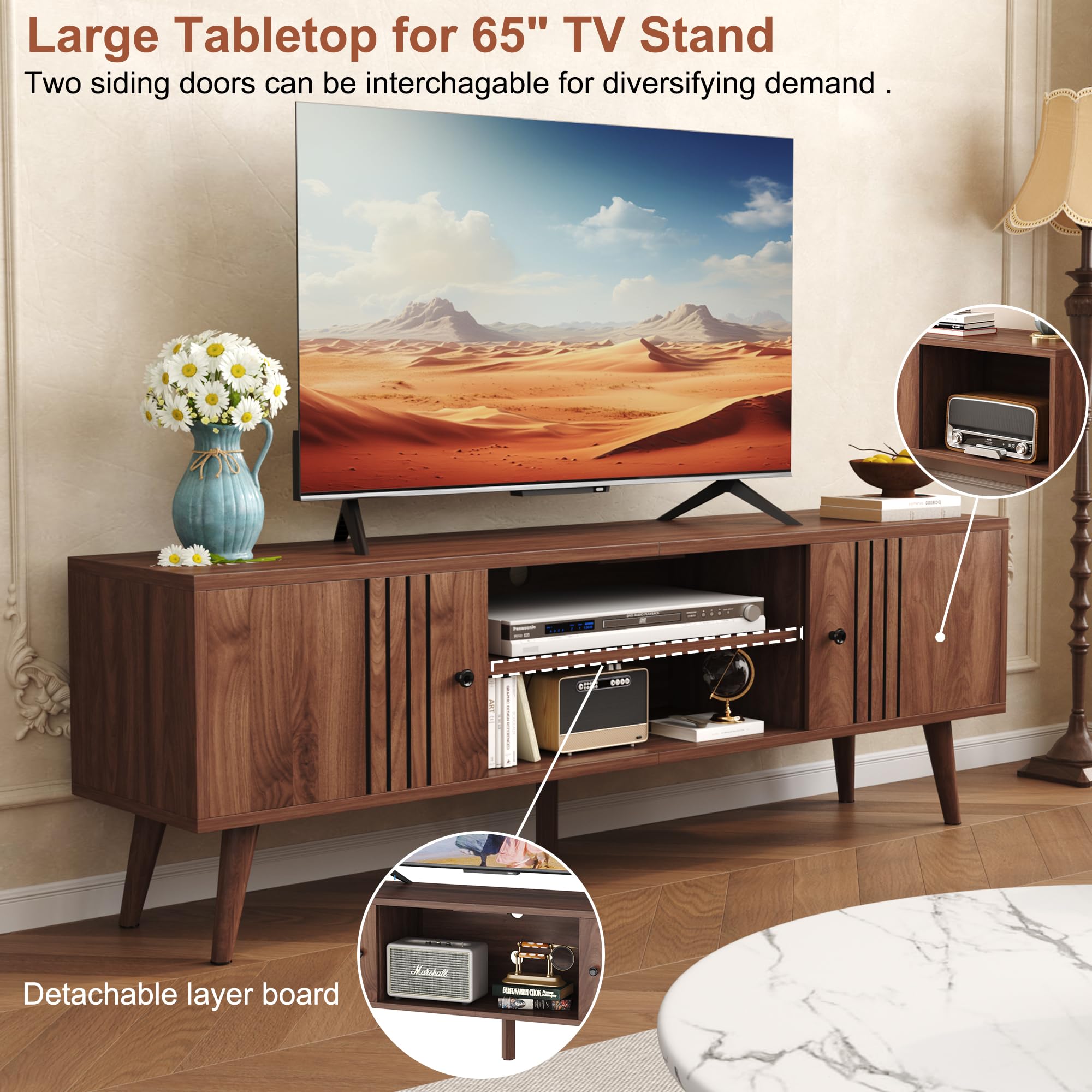 Mid-Century Modern TV Stand for 65/60/55 Inch TVs - Walnut Entertainment Center with Sliding Doors & Storage - Media Console Table for Living Room & Bedroom - Perfect for Home Theater Setup & Stylish Home Decor