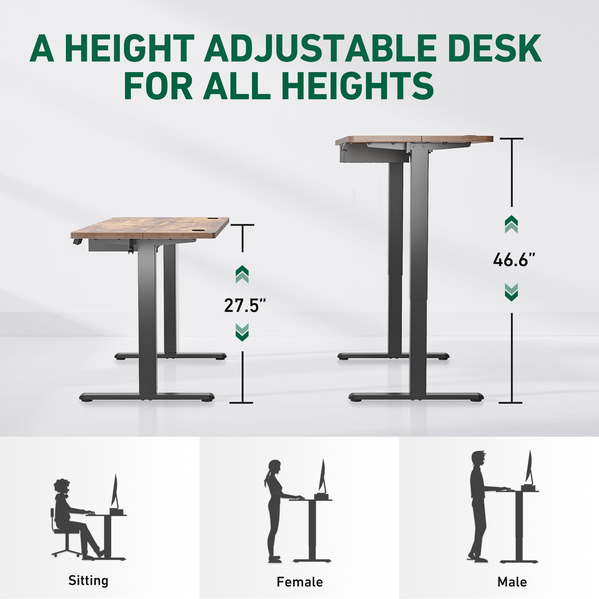 FEZIBO 40 x 24 Inches Electric Standing Desk with Drawer - Adjustable Height Sit Stand Desk with Storage, Ergonomic Home Office Computer Desk in Rustic Brown - Perfect for Remote Work, Gaming & Small Spaces
