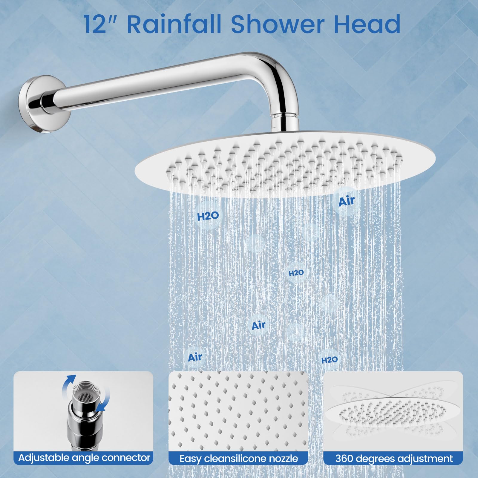 Airuida 2-Function Wall Mounted Shower Faucet Set - High Pressure Brass Handheld Shower with Rough-in Valve & 12 Inch Rainfall Round Shower Head in Chrome Polish for Bathroom | Perfect for Modern Home Spa Experience and Water-Saving Shower Solutions