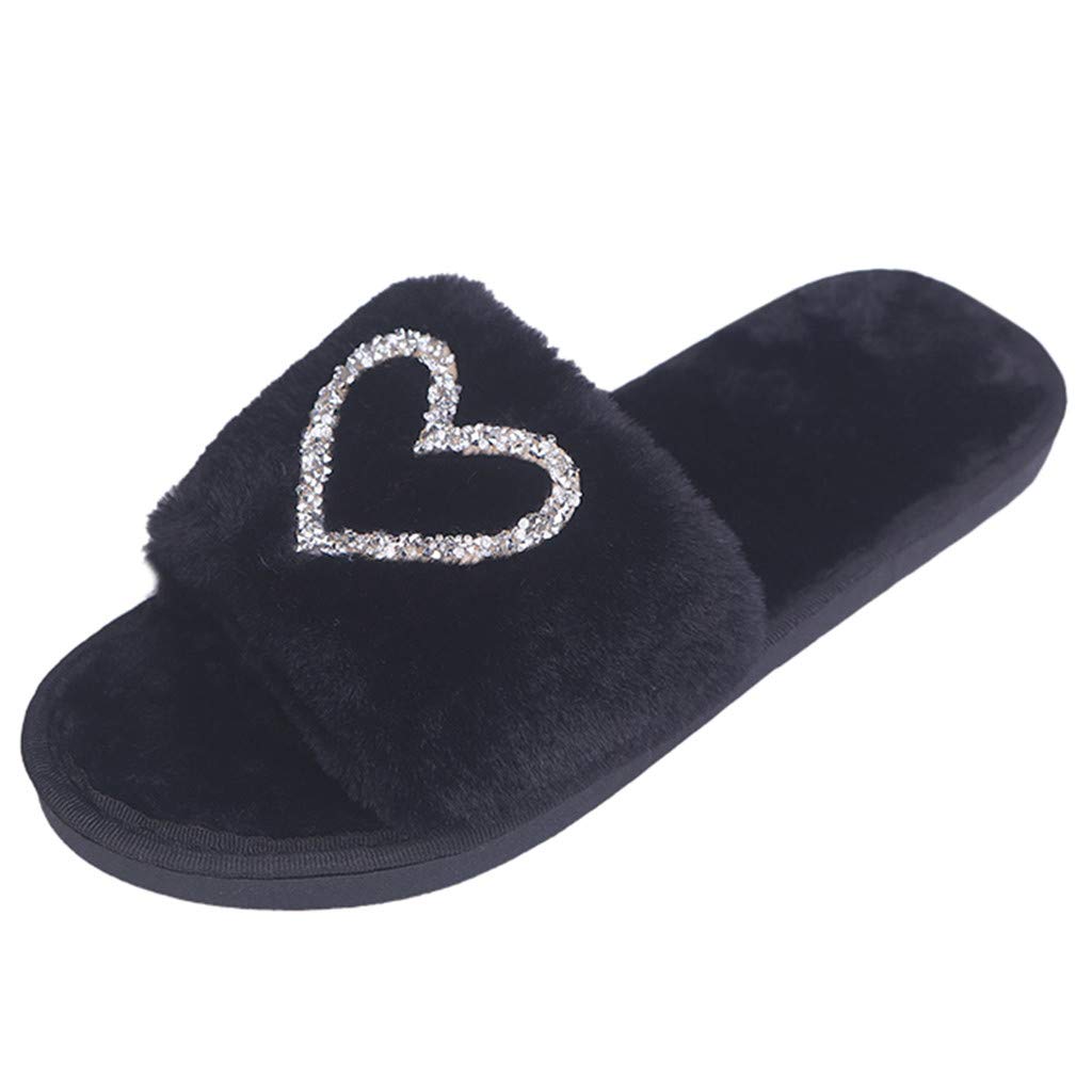 Women's Fuzzy Faux Fur Memory Foam Slippers - Cozy Spa Slides with Heart Rhinestone Design for Home, Bedroom & Lounge - Soft Indoor House Shoes for Relaxation & Comfort