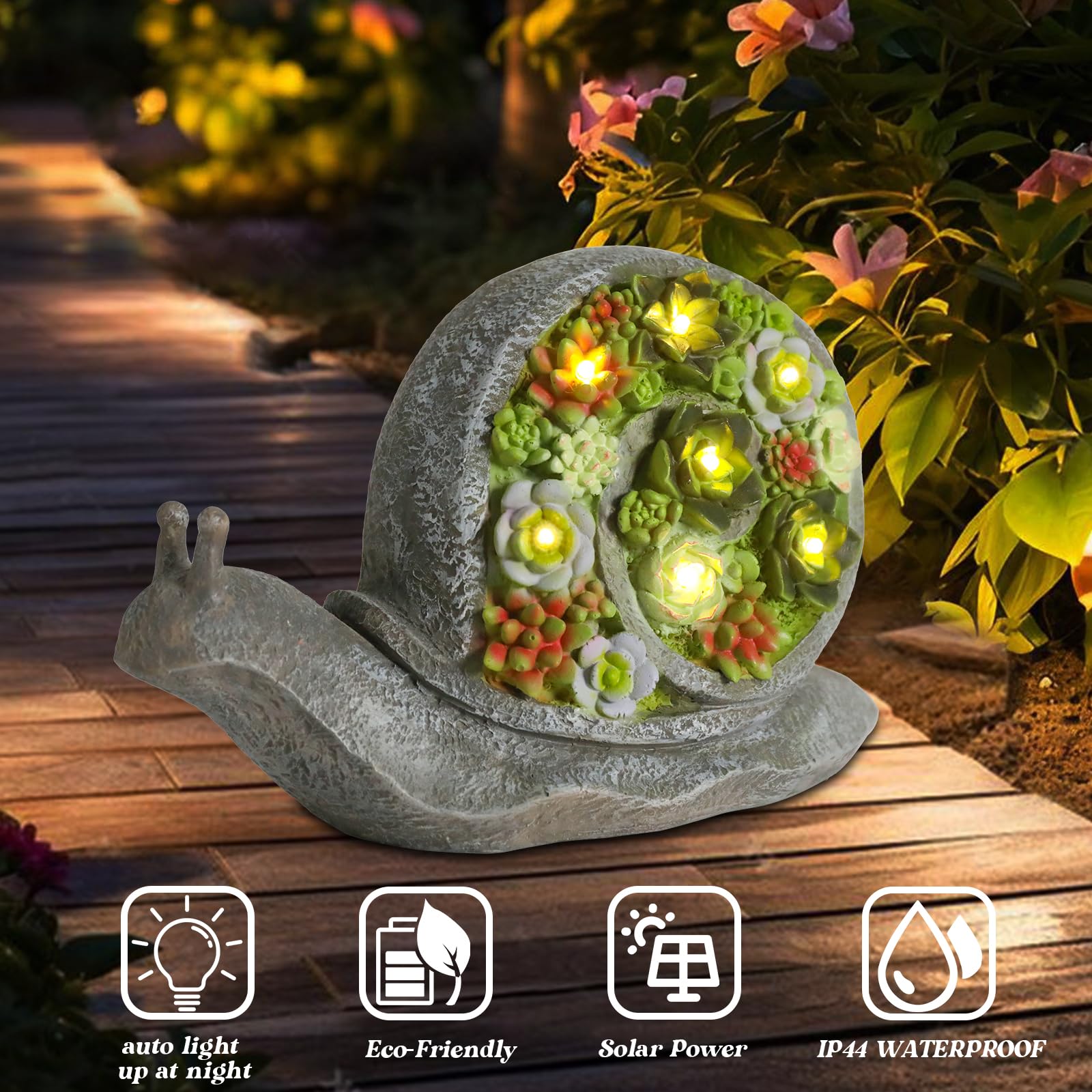 Solar Powered LED Garden Snail Statue with Succulent Planter - Outdoor Decor for Yard, Patio, Balcony - Unique Gardening Gift for Housewarming & Birthday - Perfect for Garden Lighting & Nighttime Decoration