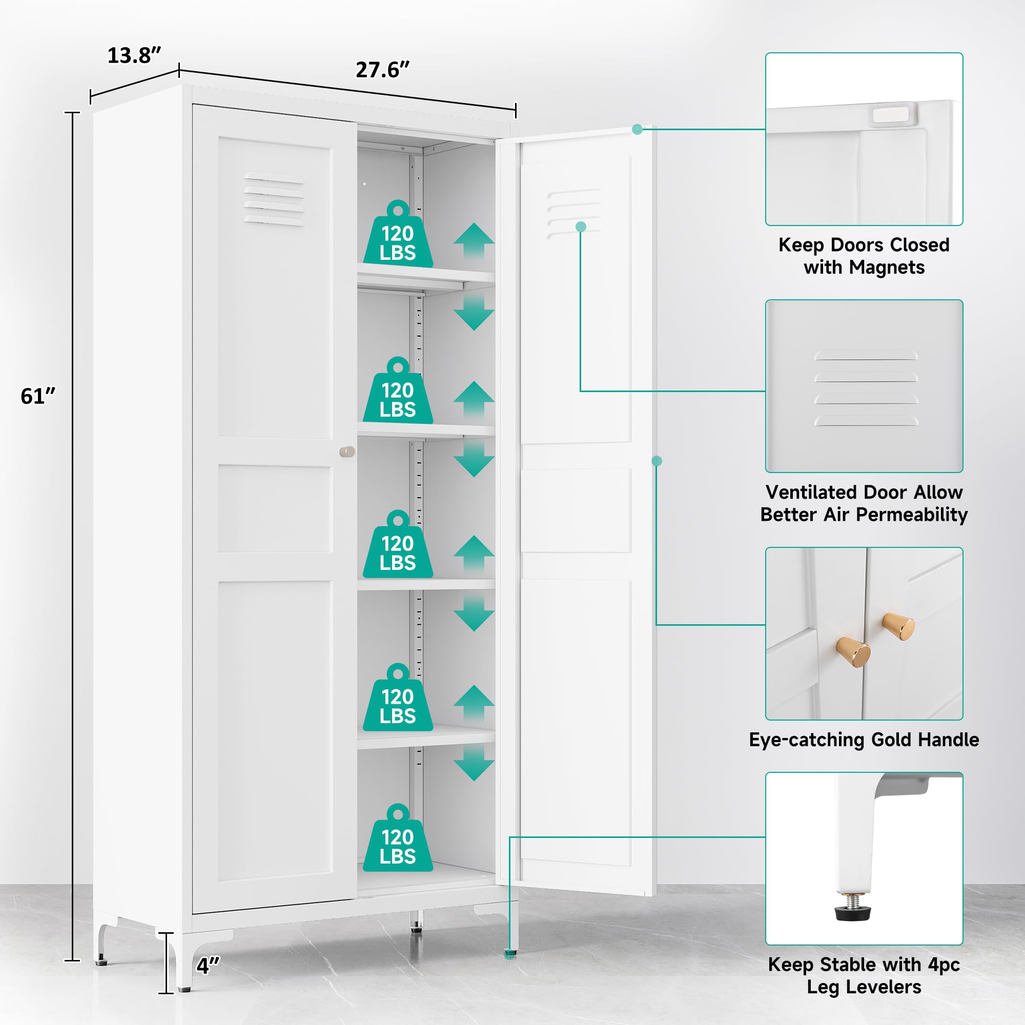 White 5-Tier Metal Storage Cabinet with Doors & Shelves - Tall Large Pantry Cupboard for Kitchen, Dining, Living Room & Laundry Room - Perfect for Food Storage, Home Organization & Space Saving
