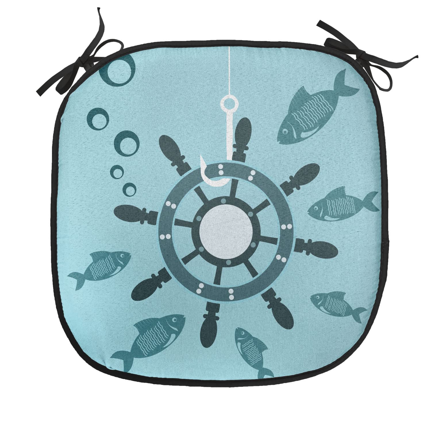 Lunarable Nautical Ships Wheel Chair Cushion - 16x16 Inch Non-Slip Boat Helm Design Seat Pad for Kitchen, Patio & Outdoor Furniture - Turquoise Teal Underwater Fish & Shipwreck Theme Home Decor