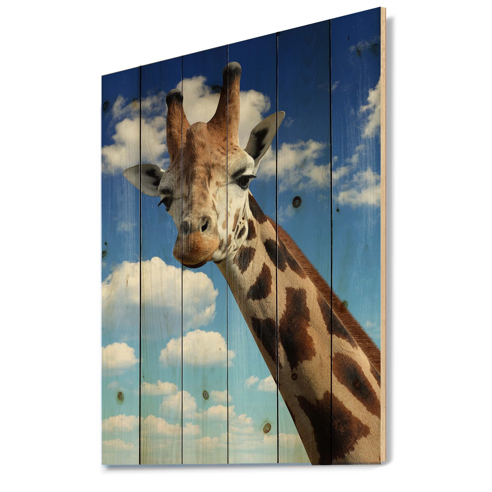 DesignQ Giraffe Portrait on Blue Sky - Farmhouse Wood Wall Decor, Large Animal Wall Art, Natural Pine Wood Panel Print - Perfect for Living Room, Nursery & Rustic Home Decor