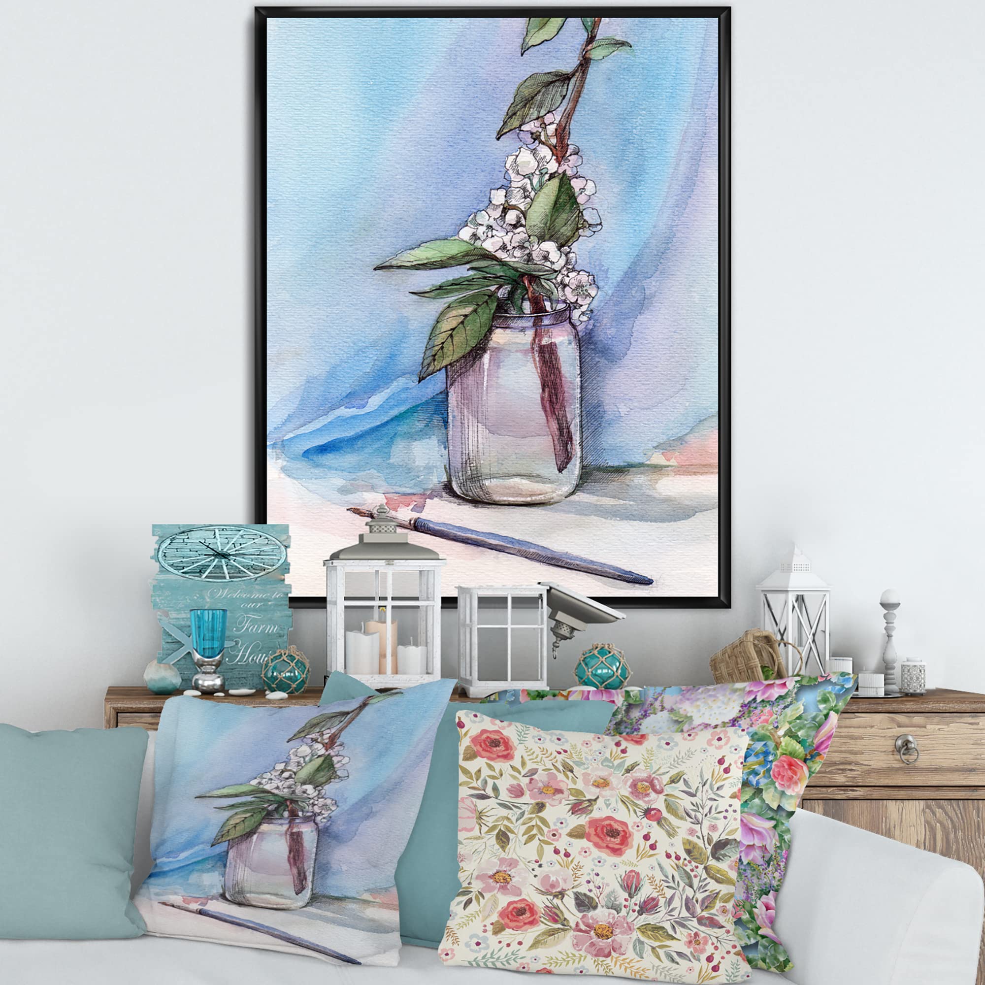 DesignQ Cherry Blossom in Glass Jar Framed Canvas Wall Art Print - Farmhouse Home Decor for Living Room, Bedroom & Office
