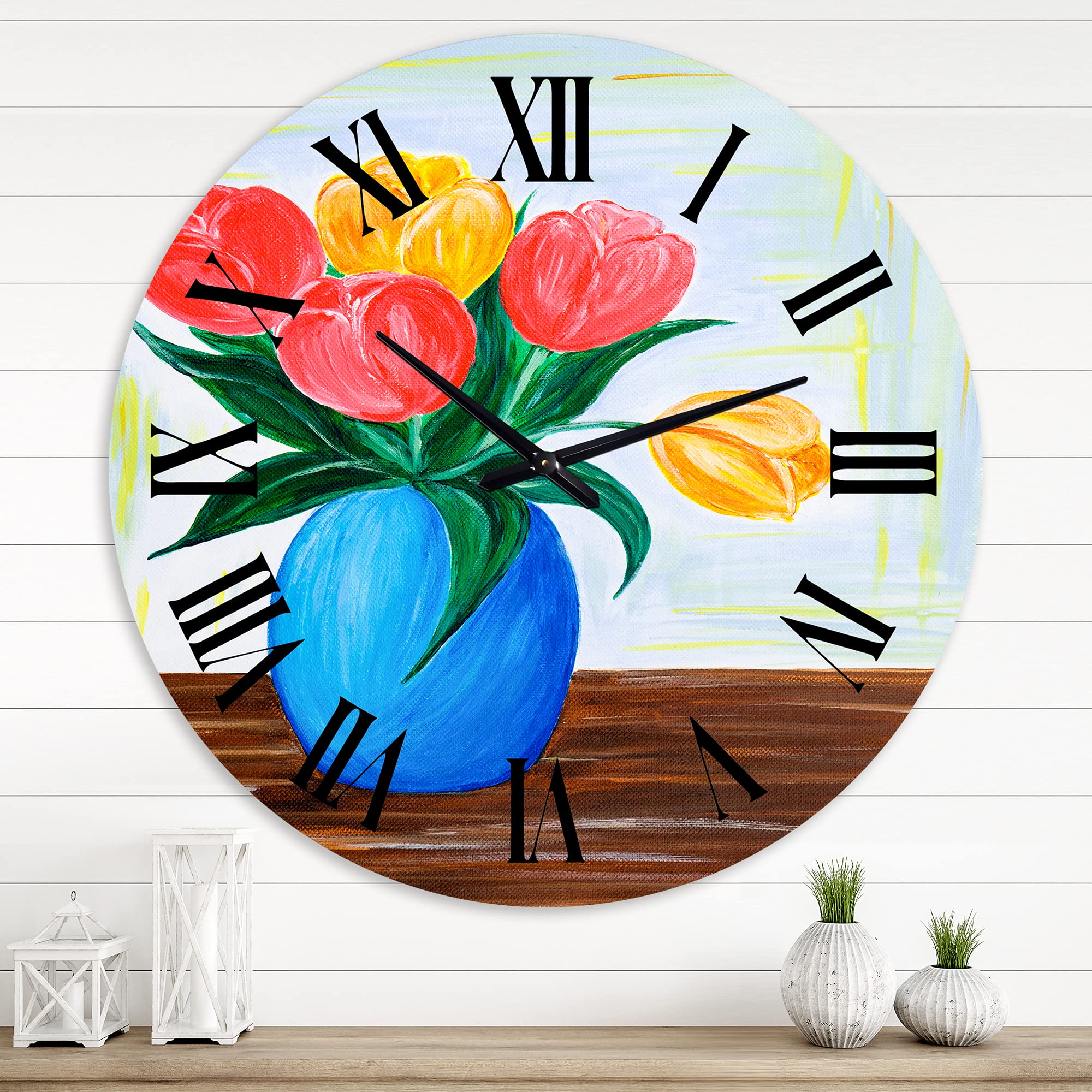 Large Floral Wall Clock - Bouquet of Red & Orange Tulips in Vase - Silent Non-Ticking Decor for Bedroom, Living Room, Office | Perfect Home & Gift Idea