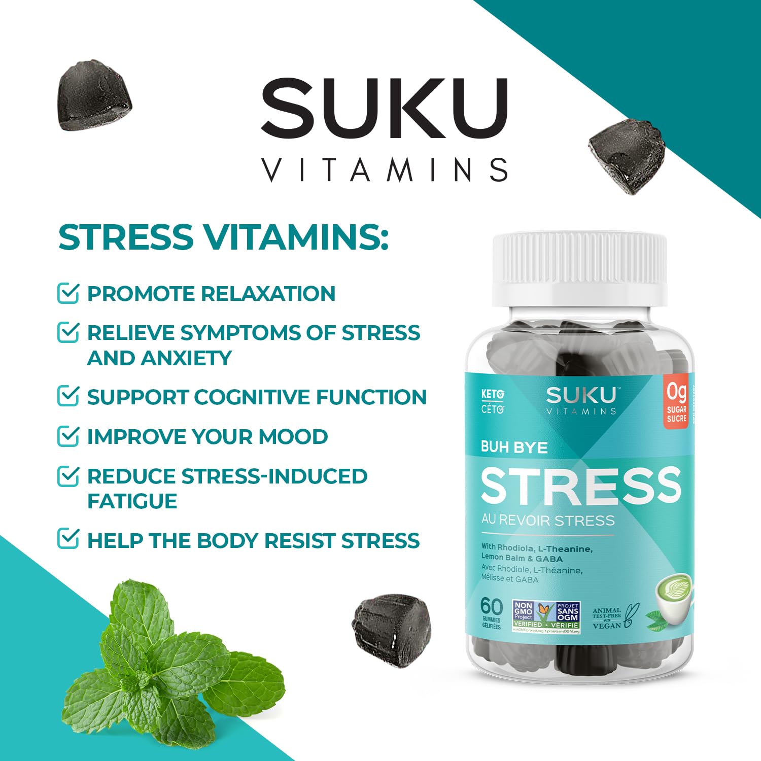 Buh Bye Stress Gummies - Natural Calm & Relaxation Supplement with Rhodiola, Lemon Balm, L-Theanine & GABA - Non-GMO, Gluten-Free, Sugar-Free, Matcha Decaffeinated - 50 Count Chewable Vitamins for Daily Stress Relief & Better Sleep