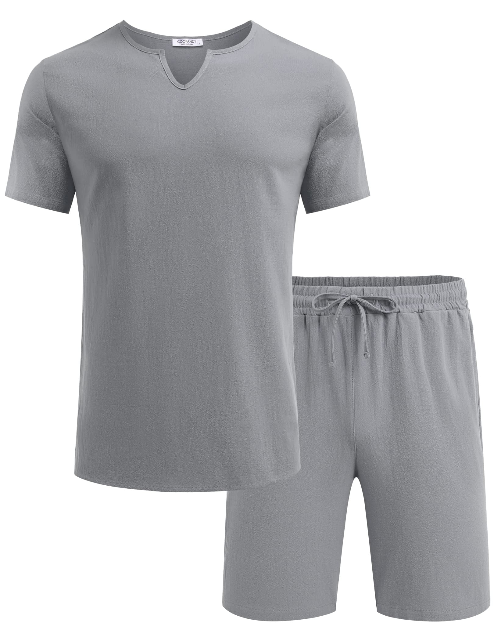 COOFANDY Men's 2-Piece Cotton Linen Summer Outfit - Short Sleeve V-Neck Shirt & Drawstring Casual Pants with Pockets | Beachwear, Vacation, Lounge & Street Style Fashion