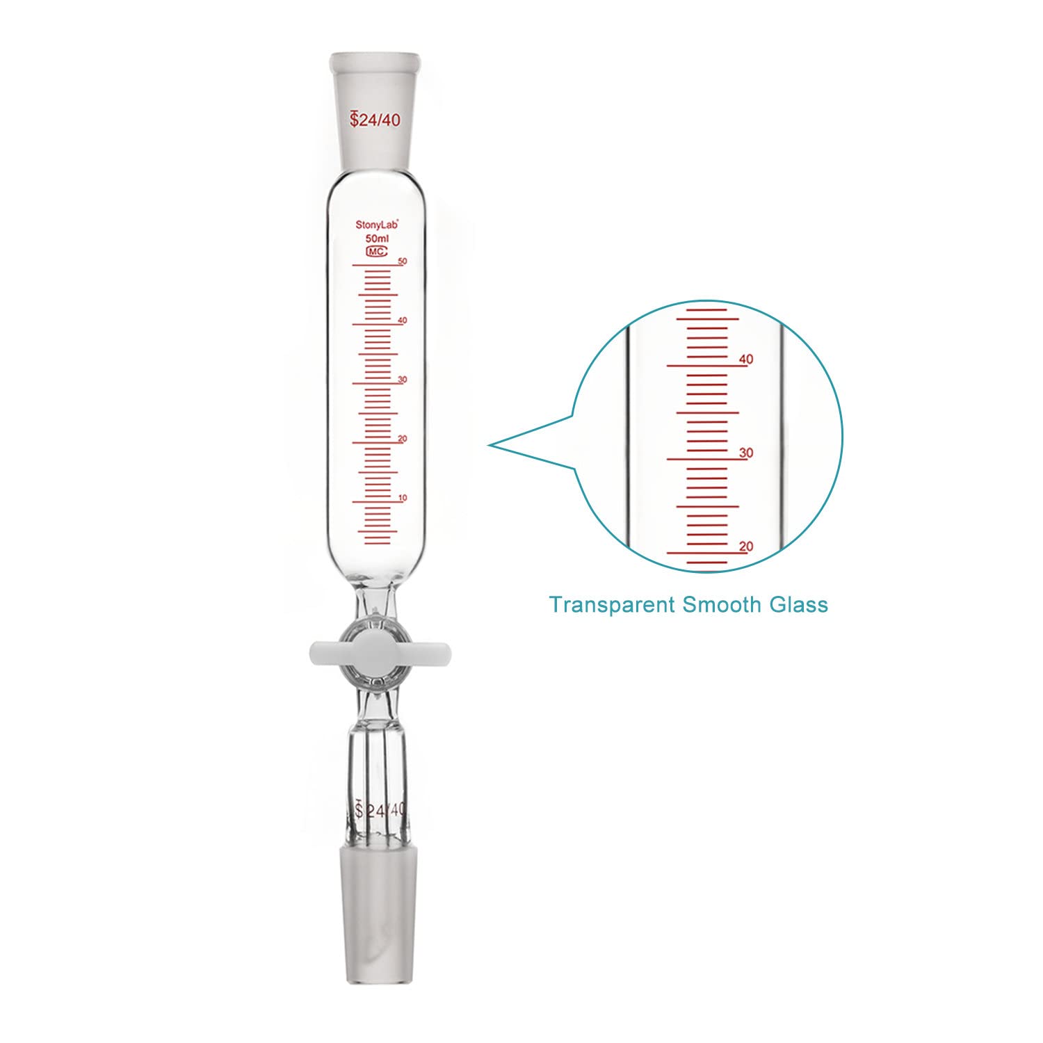 Stonylab 50ml Borosilicate Glass Pressure Equalizing Addition Funnel with PTFE Stopcock & 24/40 Joint - Graduated Dropping Funnel for Precise Liquid Transfer in Chemistry Labs, Essential for Distillation, Titration & Organic Synthesis Experiments