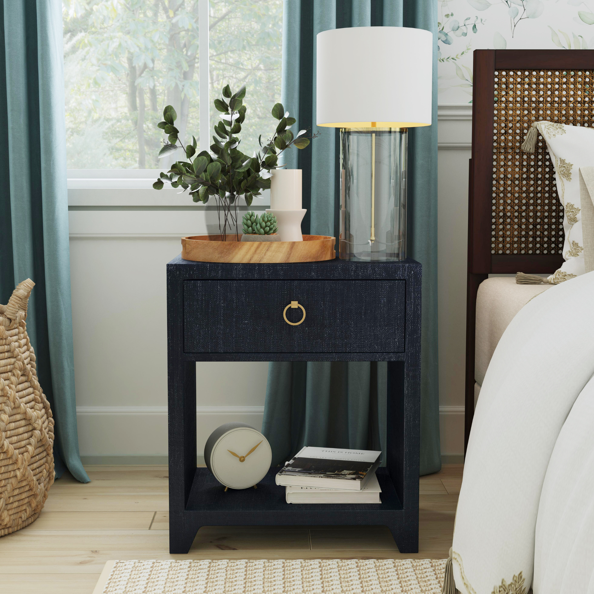 Coastal Navy Saguran Raffia Single Drawer Nightstand - Stylish Bedside Table for Bedroom, Living Room & Guest Room - Perfect for Storage & Home Decor
