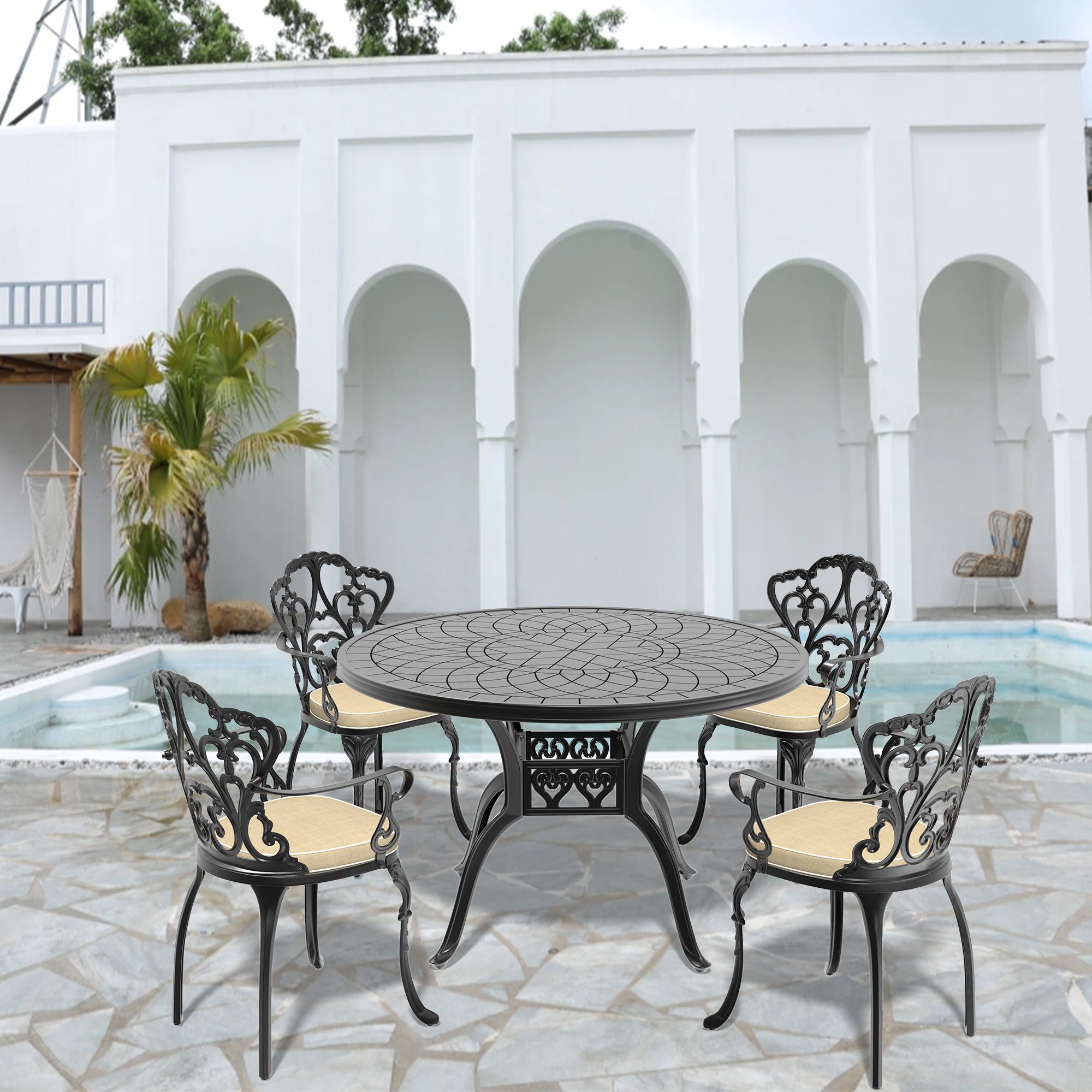 5-Piece Cast Aluminum Patio Furniture Set with Cushions - Outdoor Dining & Lounge Chairs for Garden, Poolside, or Backyard Relaxation