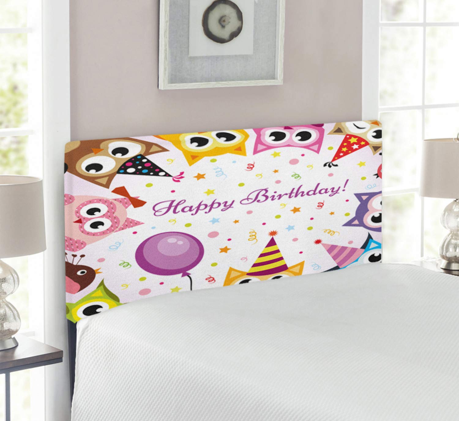 Ambesonne Twin Size Upholstered Metal Bed Headboard with Memory Foam - Colorful Owl Family Birthday Party Design, Decorative Headboard for Bedroom, Perfect for Kids' Rooms & Birthday Themed Decor