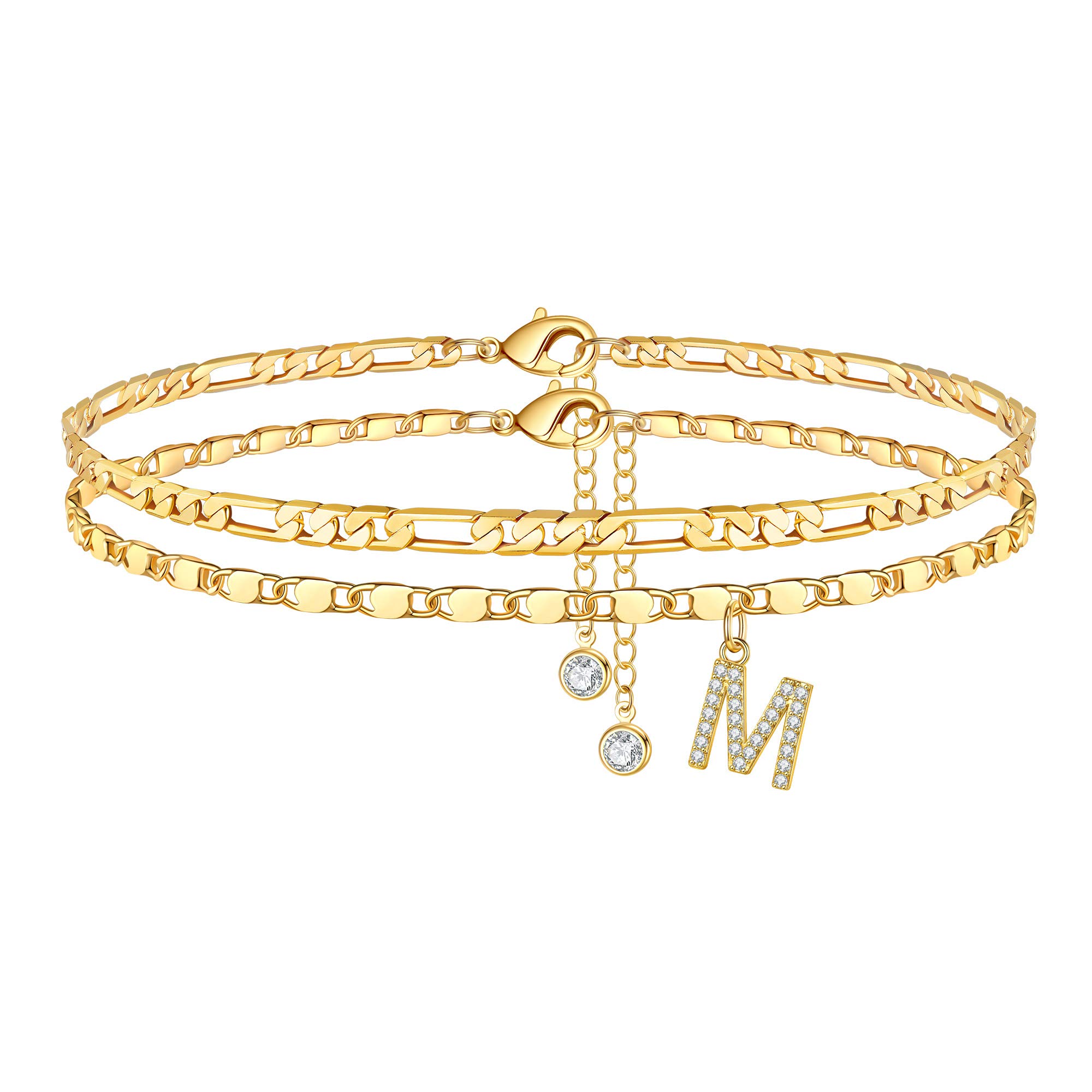 14K Gold Plated Dainty Layered Chain CZ Initial Anklet Set for Women - Adjustable Ankle Bracelets Summer Jewelry Gift - Perfect for Beach Vacations, Weddings & Everyday Wear