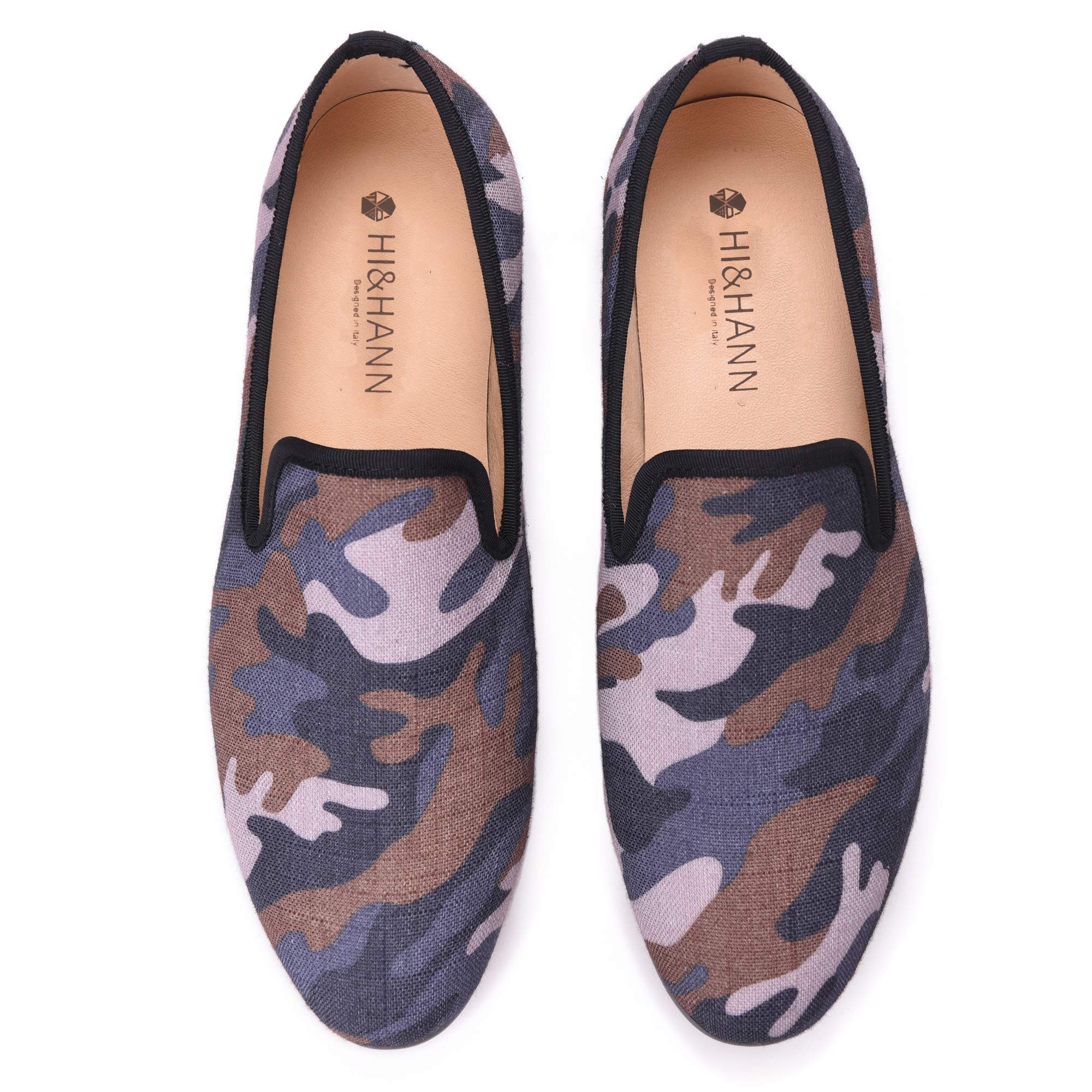 HI&HANN British Style Classic Camouflage Men's Smoking Slippers - Handmade Mix Color Canvas Loafers for Casual & Prom | Comfortable Flat Shoes for Home, Office & Special Occasions