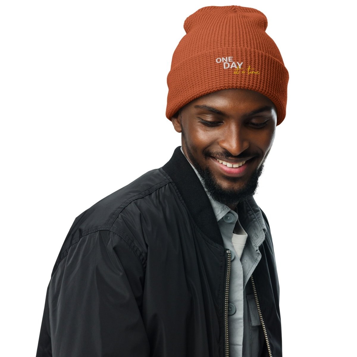 One Day at a Time Embroidered Waffle Beanie - Cozy Knit Winter Hat for Women & Men - Perfect for Cold Weather, Outdoor Activities & Casual Style