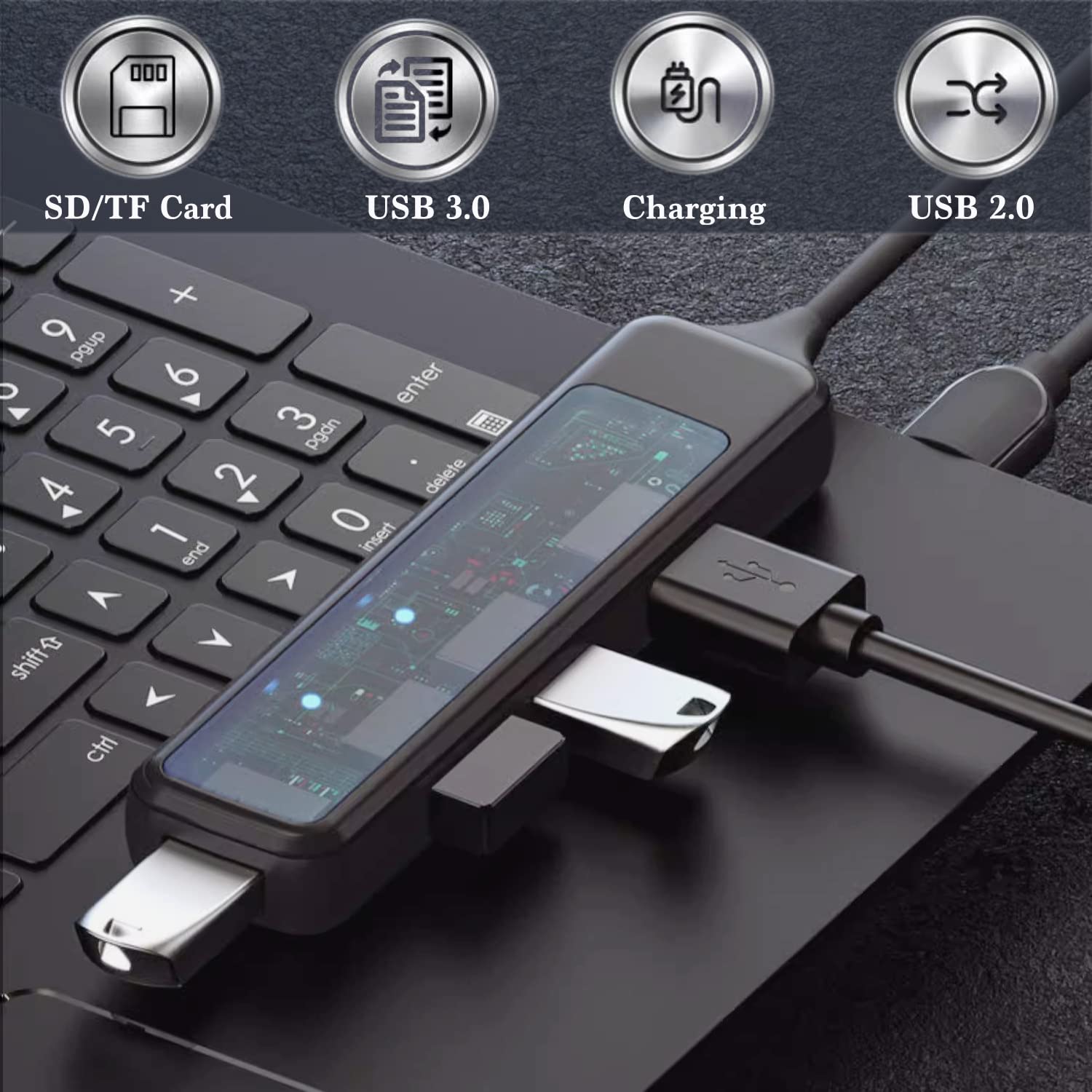 7-in-1 USB Hub for Laptop & PC - USB 3.0 & 2.0 Multi-Port Adapter with SD/TF Card Reader, Visible Panel - Portable USB Splitter for MacBook, Camera, Desktop - Perfect for Home Office, Gaming & Data Transfer