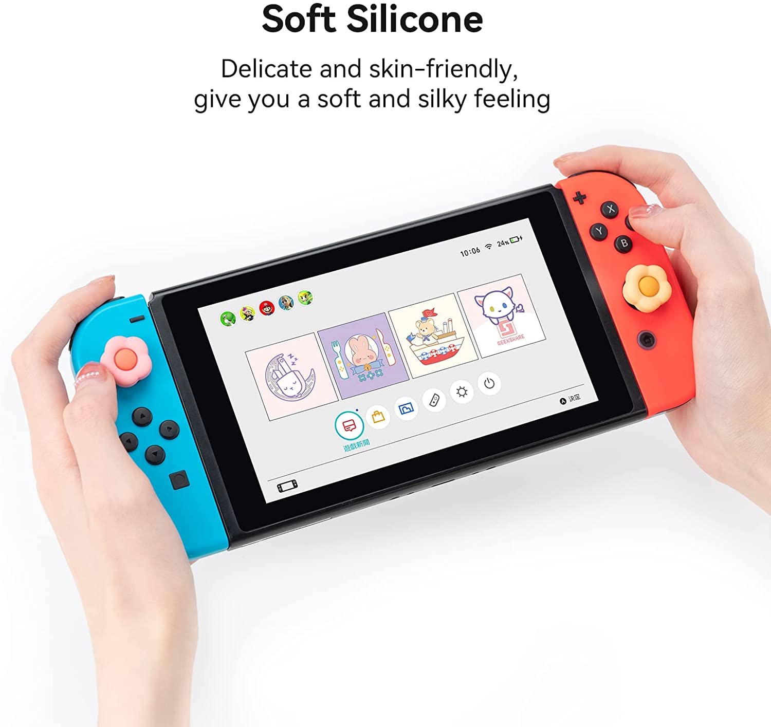 GeekShare Mignon Silicone Joycon Thumb Grip Caps - 4PCS Cute Heart & Flower Joystick Cover for Nintendo Switch/OLED/Switch Lite - Soft Anti-Slip Controller Accessories for Gaming Comfort and Protection