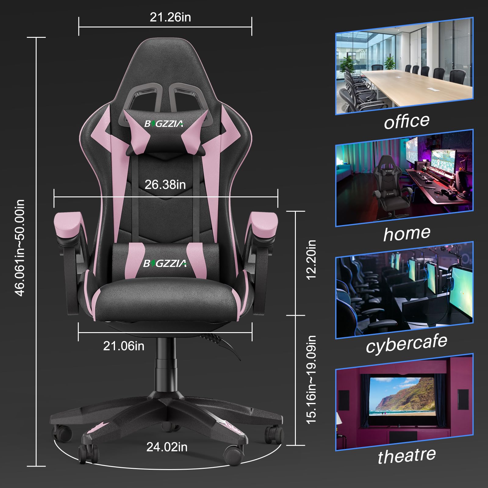 Bigzzia Ergonomic Gaming Chair for Adults - Adjustable Height, Reclining, 360° Swivel Racing Style Office Chair with Headrest & Lumbar Support - Black/Pink - Perfect for PC Gaming, Streaming & Home Office Work