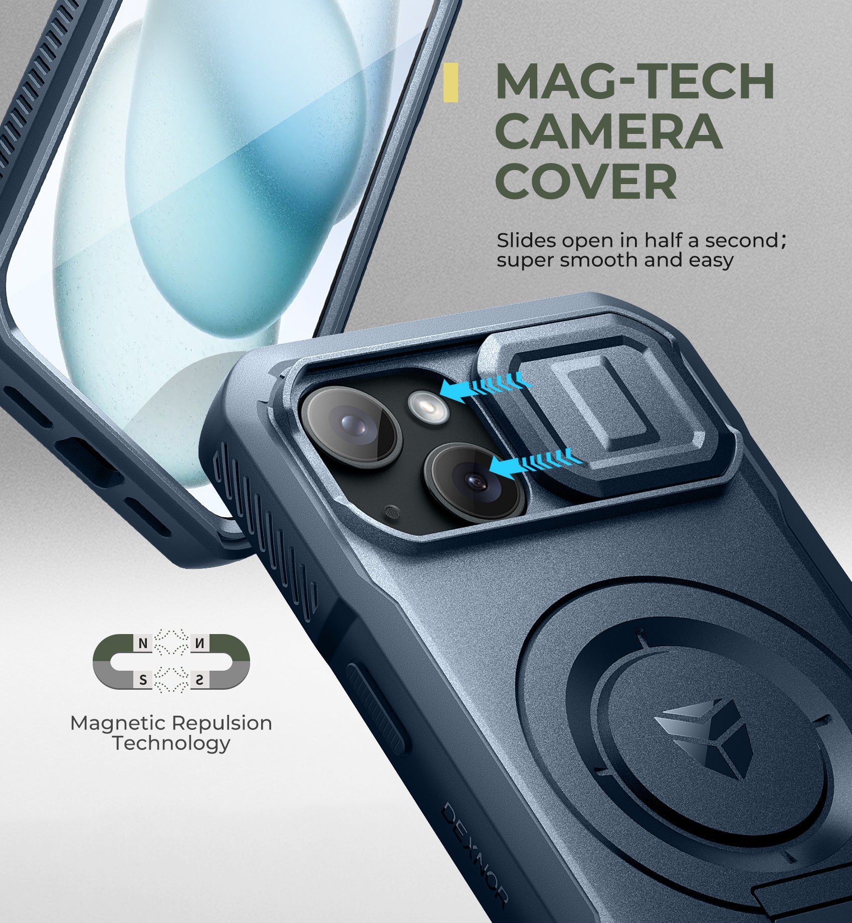 Durable Shockproof iPhone 15 Case with Built-in Screen Protector & Slide Camera Cover - 360° Magsafe Compatible Rugged Bumper Cover for Outdoor, Travel and Daily Protection