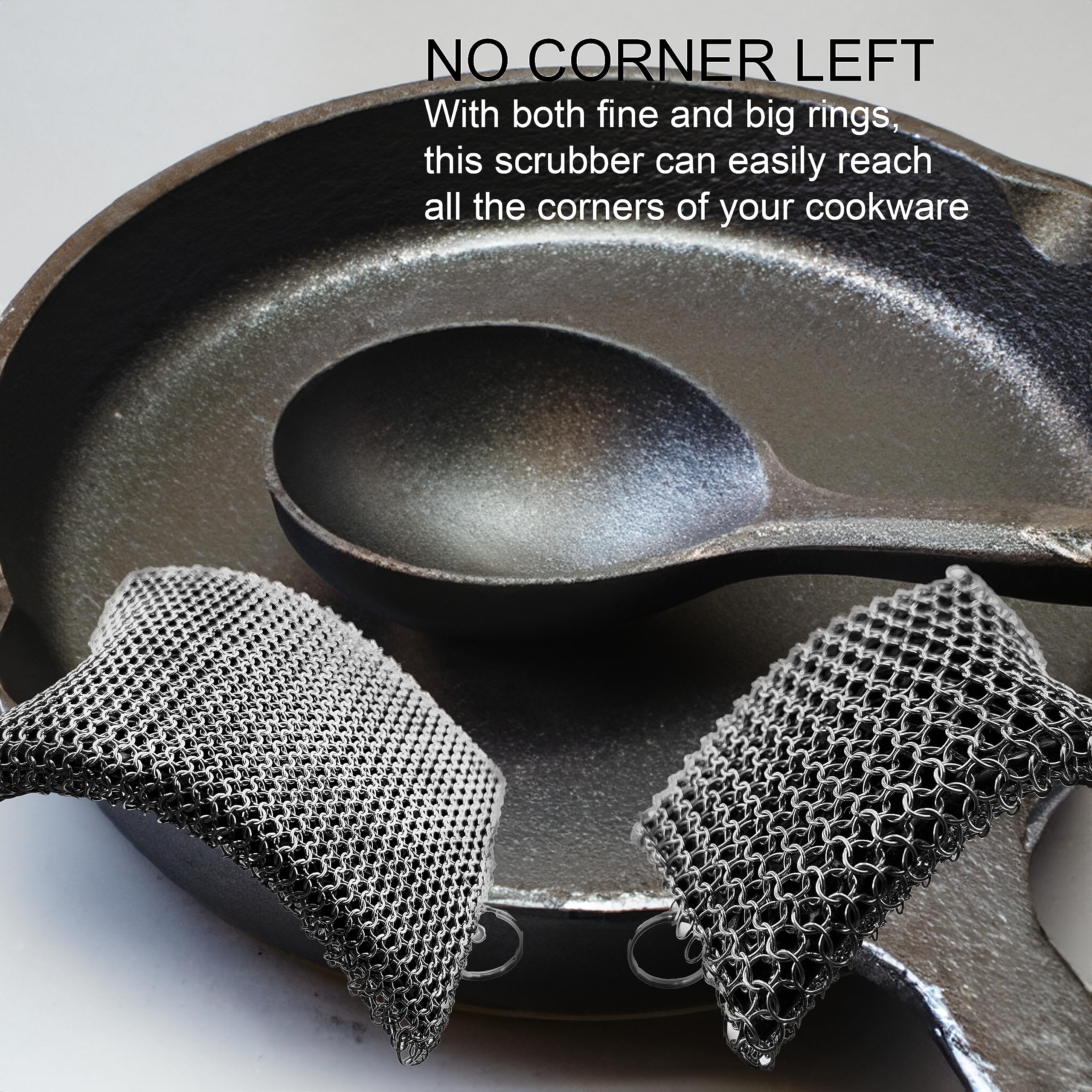 316 Stainless Steel Chainmail Scrubber for Cast Iron Skillets & Cookware - Fine Ring Design with Built-in Silicone - Heavy Duty BBQ Grill & Plate Cleaner - Perfect for Seasoning & Maintaining Cast Iron Pans (2-in-1 Standard Size)