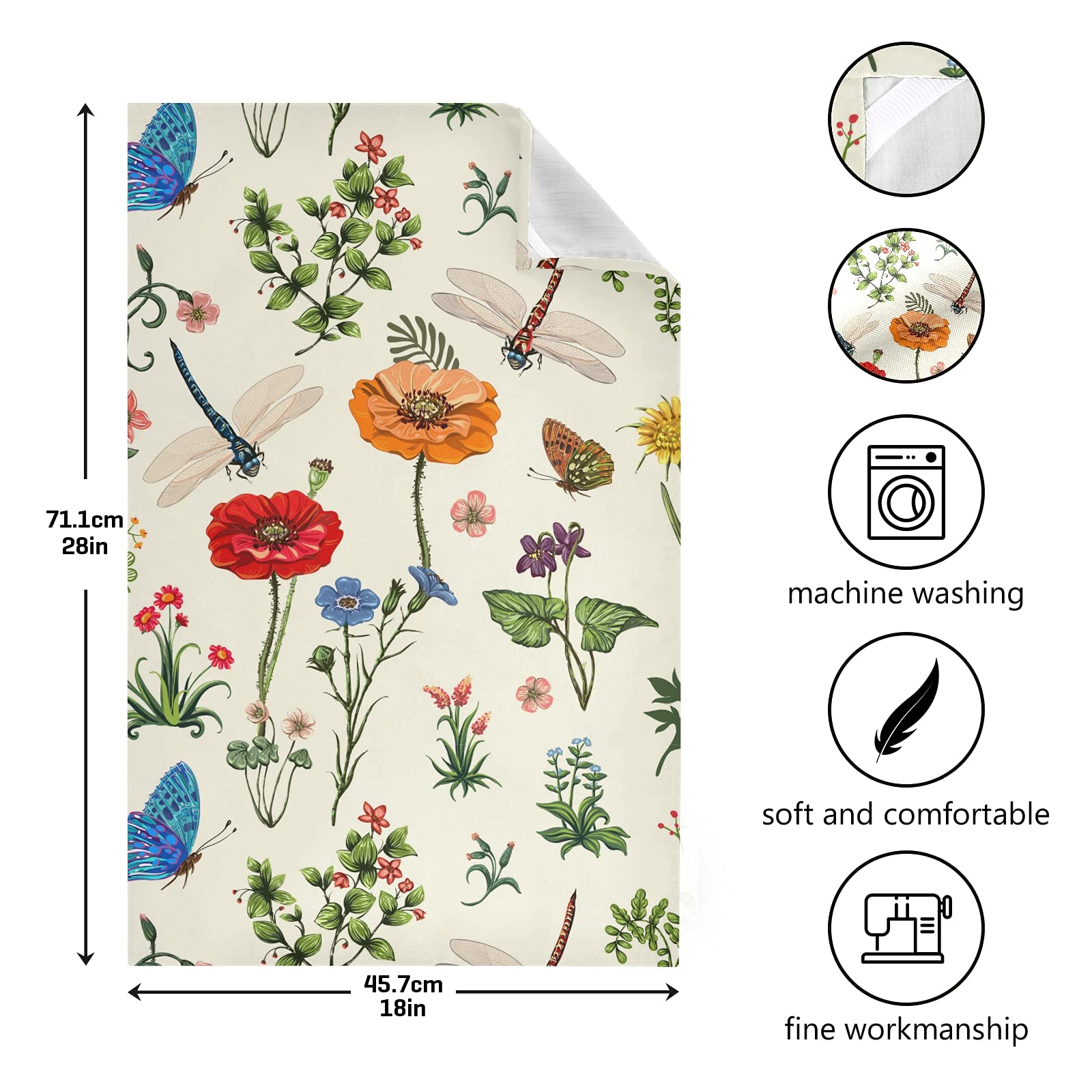 Premium 18x28 Inch Super Absorbent Lint-Free Kitchen Towels Set of 4 - Floral Design with Dragonfly, Butterfly, Sunflower & Carnation Patterns | Soft Dish Cloths for Tea Bar, Bath & Kitchen Accessories | Perfect for Daily Cleaning, Dish Drying & Home Decor