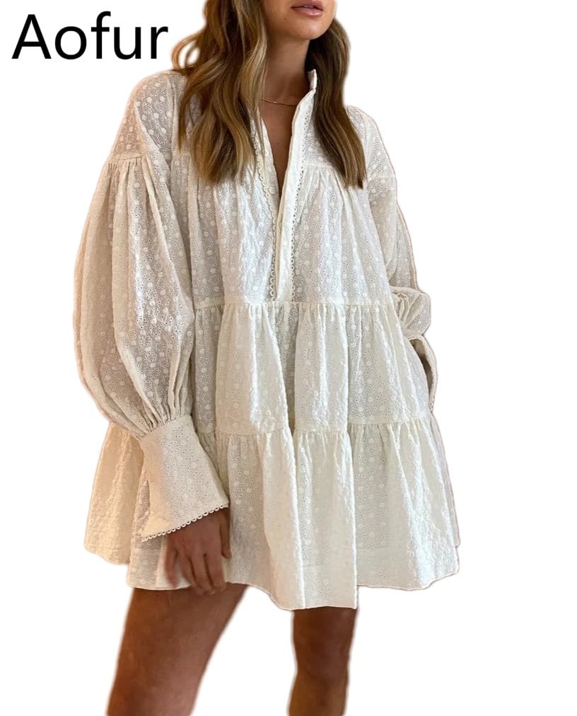 Aofur Women's Summer Cotton V-Neck Long Sleeve Loose Casual Party A-Line Dress with Embroidery - Perfect for Beach Vacations, Date Nights & Outdoor Events