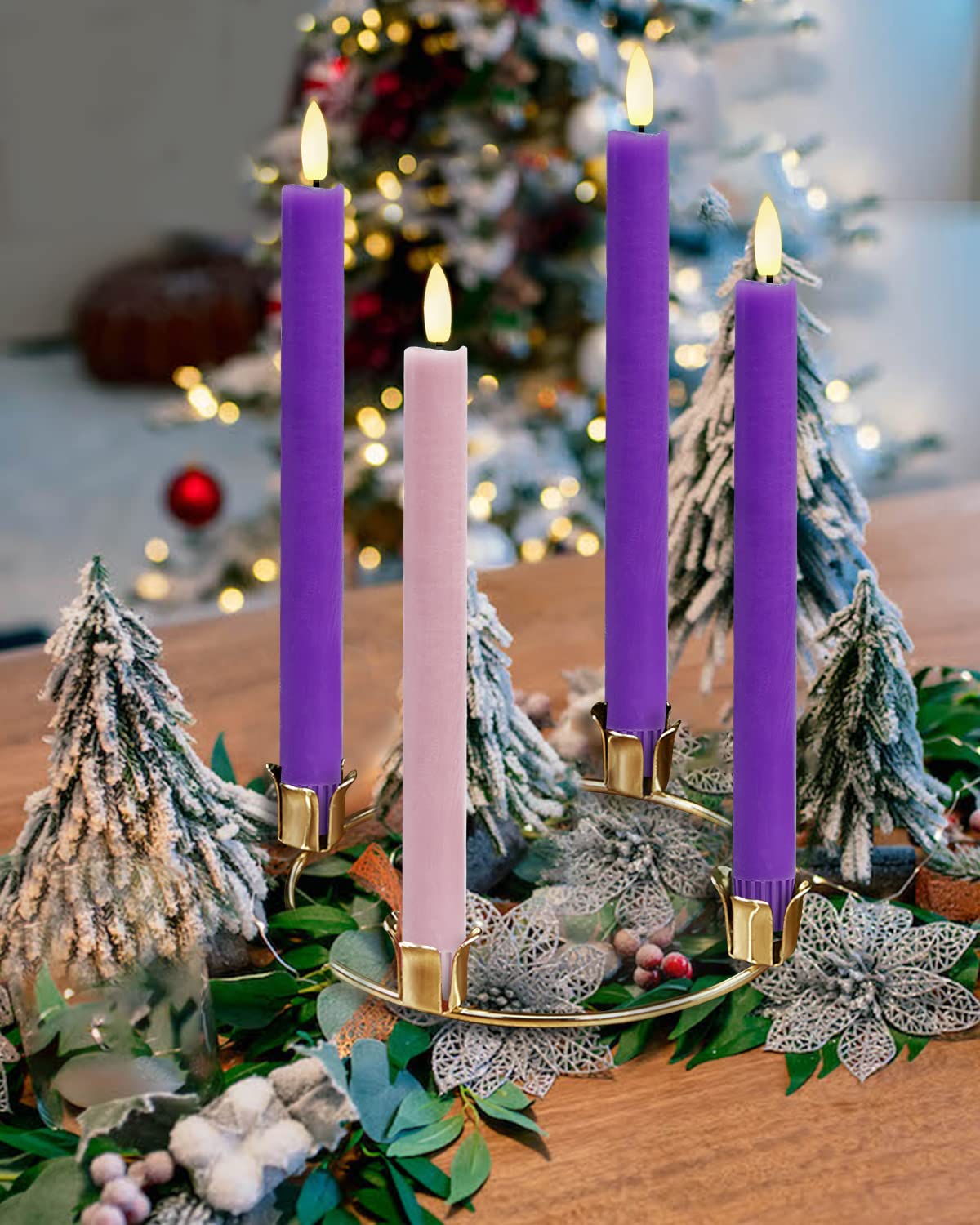 SHYMERY Flameless LED Taper Candles - Battery Operated Electric Candles with Remote Timer, Set of 4 (Purple & Pink) - Real Wax Flickering Flameless Candles for Christmas Decorations, Thanksgiving Centerpieces, Wreath Decor, Wedding & Home Decor