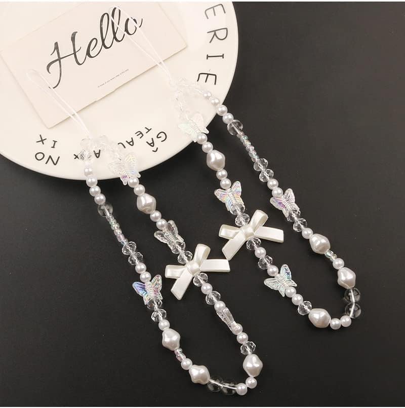 Fashionable Pearl Beaded Phone Lanyard with Bow & Butterfly Charm - Universal Anti-Lost Wrist Strap for Women & Girls - Perfect for iPhone, Samsung, Keys & Wallet Accessories - Great for Work, Travel & Everyday Use