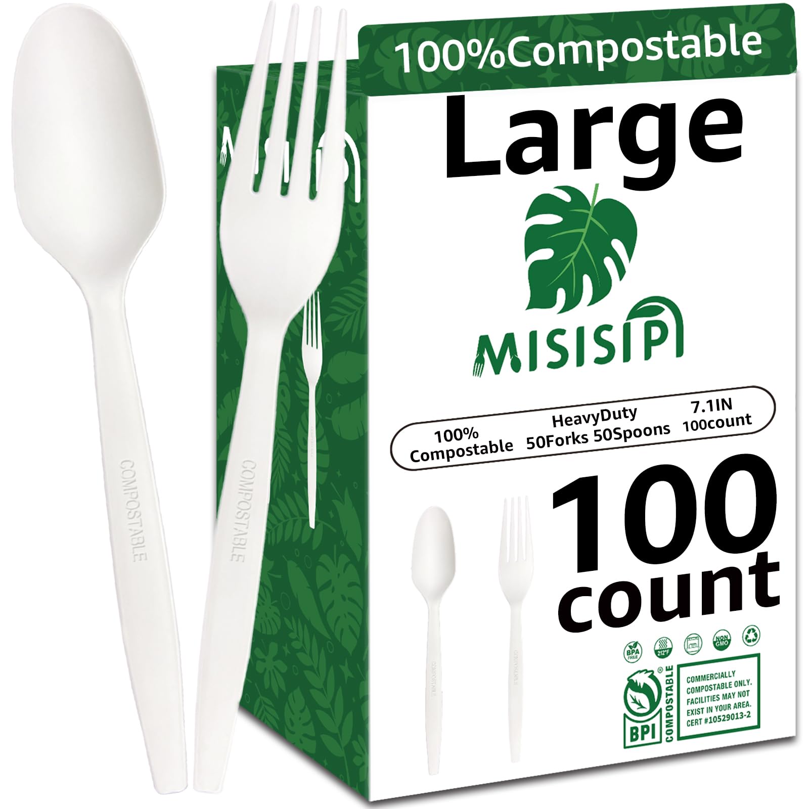 **100% Compostable Forks and Spoons Set - 7.1 Inch Heavy-Duty Biodegradable Flatware (100-Pack) | Eco-Friendly Disposable Utensils for Parties, Picnics, BBQs & Events**