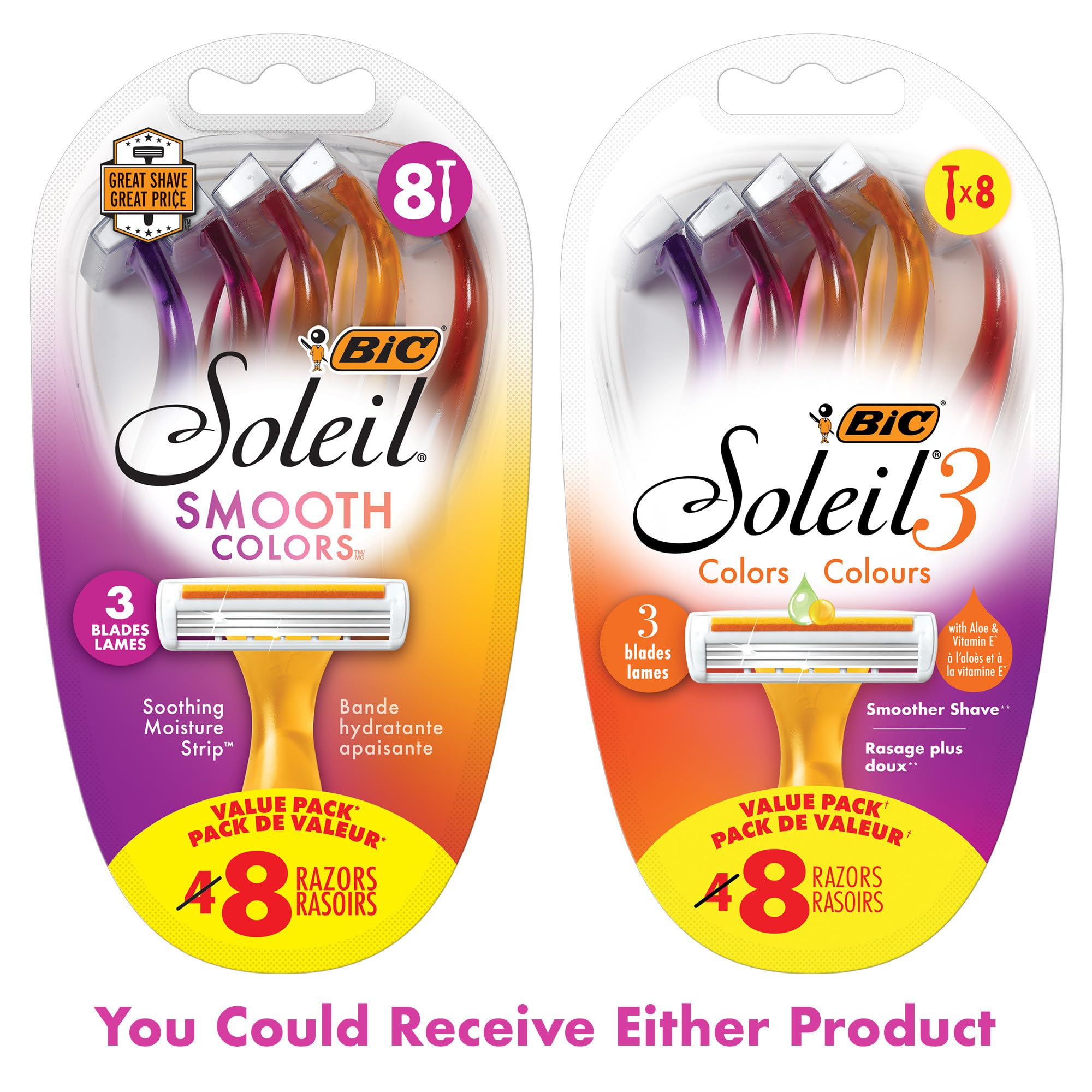 BIC Soleil Smooth Colors Women's Disposable Razors - 8 Count Pack with 3 Blades, Aloe Vera & Vitamin E Lubricating Strip for Smooth Shaving - Perfect for Travel, Gym Bag & Everyday Use