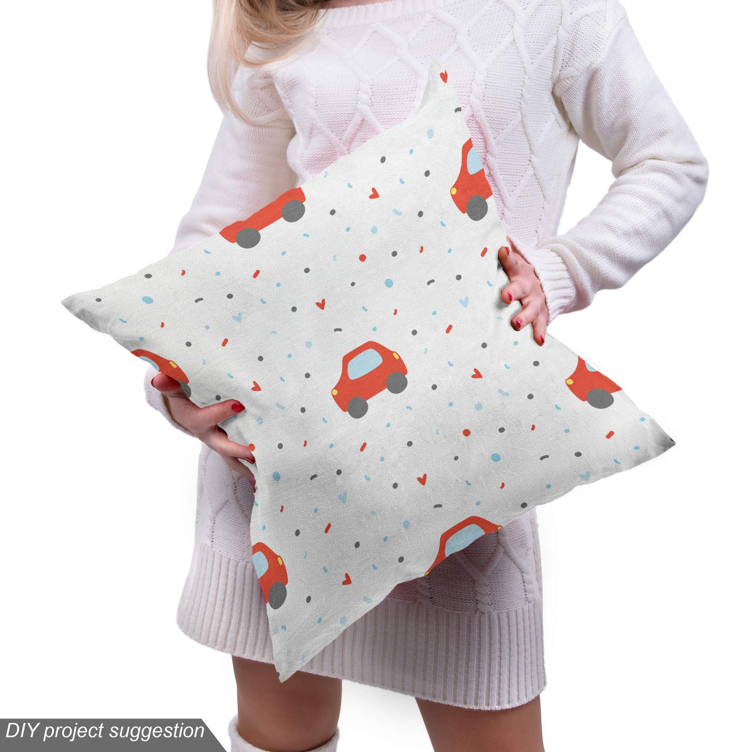 Ambesonne Cartoon Fabric by The Yard - Continuous Themed Pattern with Hearts & Cars - Upholstery & Home Decor Fabric - 10 Yards in Vermilion Pale Blue - Perfect for DIY Projects, Curtains, Pillows & Nursery Decor