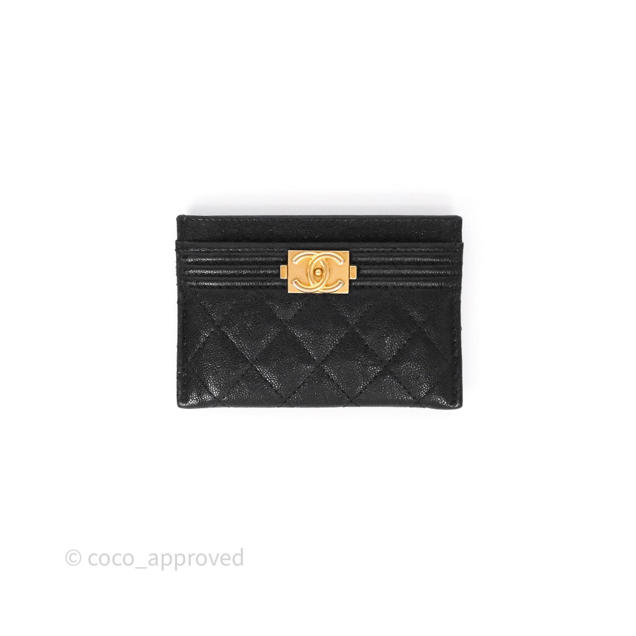 Chanel Boy Card Holder in Black Quilted Caviar Leather with Aged Gold Hardware - Luxury Wallet for Women, Perfect for Everyday Use and Gift Giving